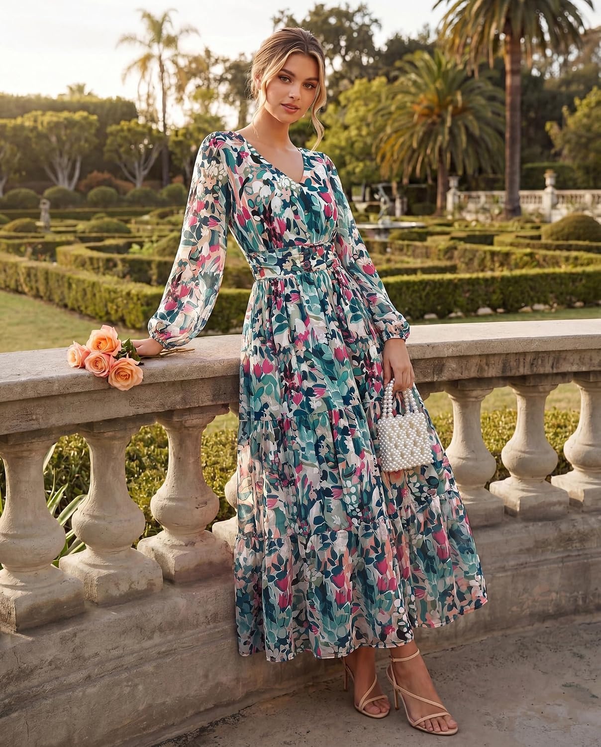 image:imageGRACE KARIN Womens Floral Long Sleeve DressElegance Wedding Guest DressesV Neck Flowy Boho Maxi Dress with PocketDense Dark Green Flowers