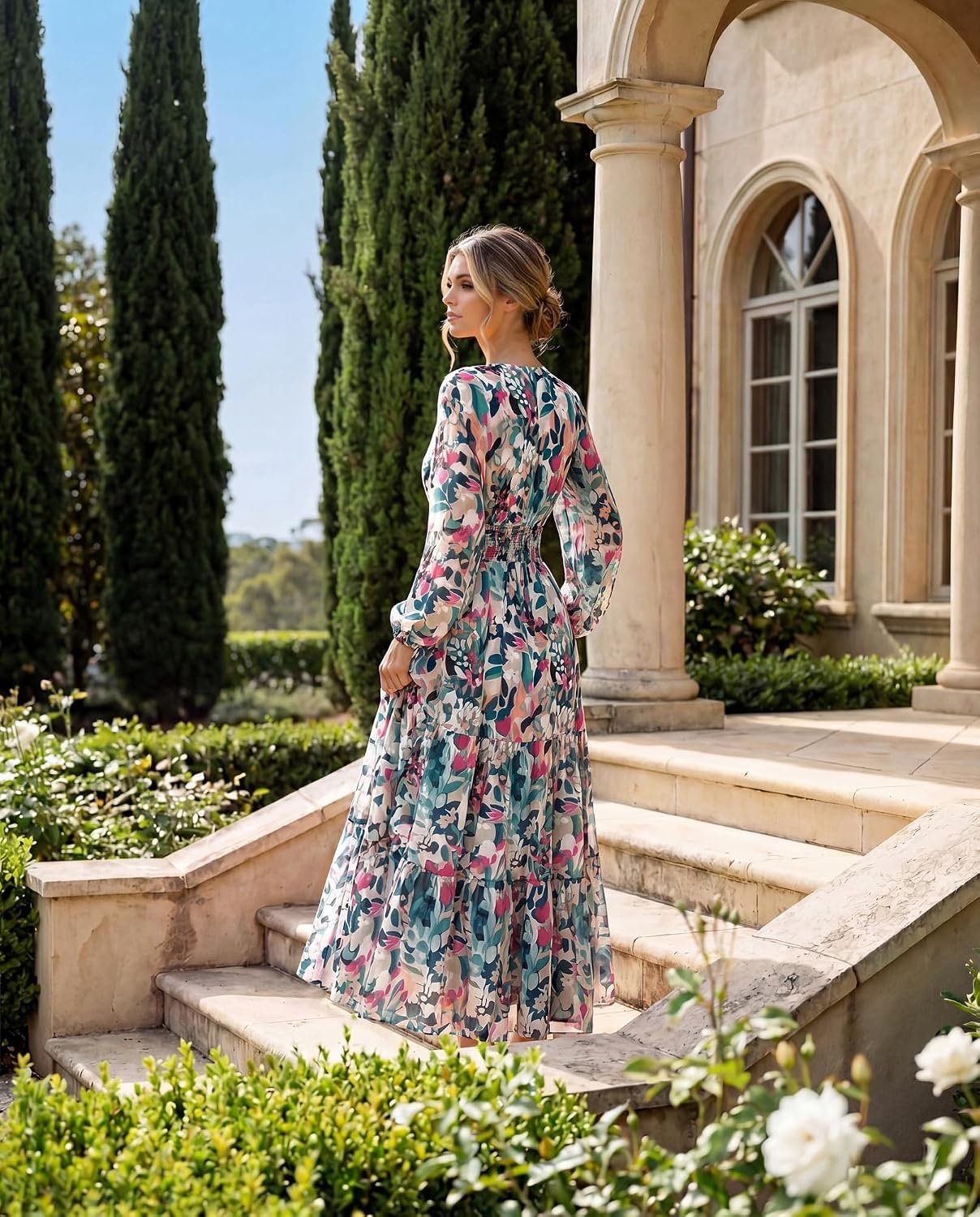 image:imageGRACE KARIN Womens Floral Long Sleeve DressElegance Wedding Guest DressesV Neck Flowy Boho Maxi Dress with PocketDense Dark Green Flowers