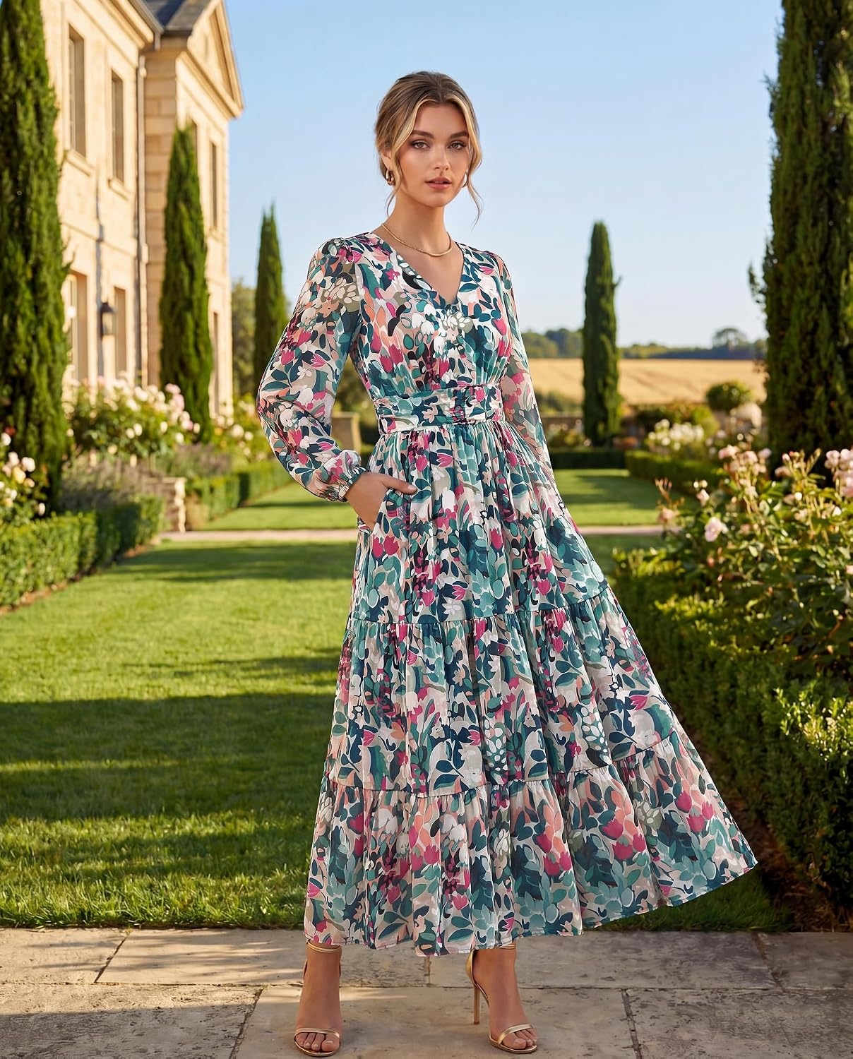 image:imageGRACE KARIN Womens Floral Long Sleeve DressElegance Wedding Guest DressesV Neck Flowy Boho Maxi Dress with PocketDense Dark Green Flowers