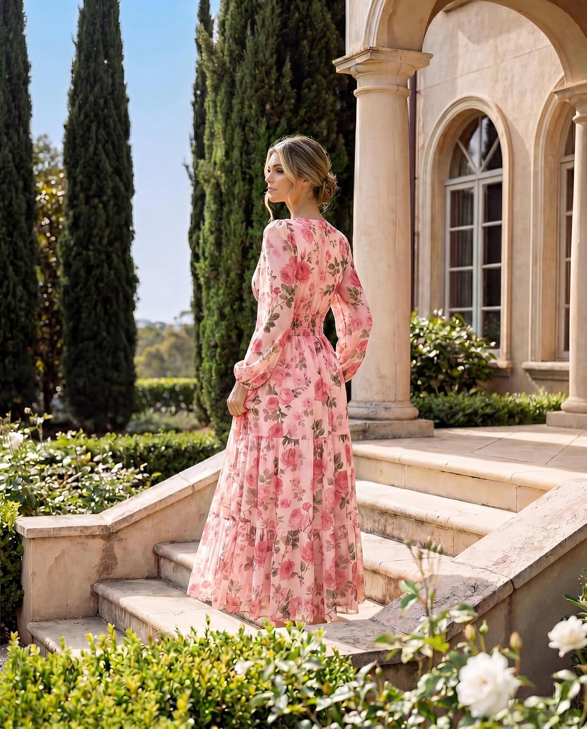 image:imageGRACE KARIN Womens Floral Long Sleeve DressElegance Wedding Guest DressesV Neck Flowy Boho Maxi Dress with PocketGrayish With Pink Flowers