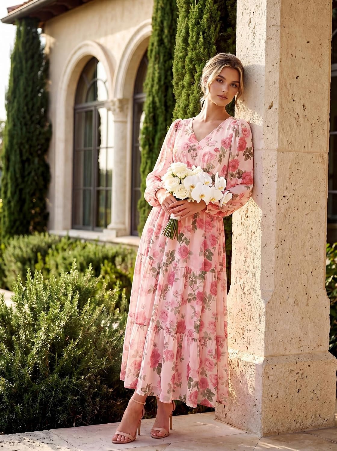 image:imageGRACE KARIN Womens Floral Long Sleeve DressElegance Wedding Guest DressesV Neck Flowy Boho Maxi Dress with PocketGrayish With Pink Flowers