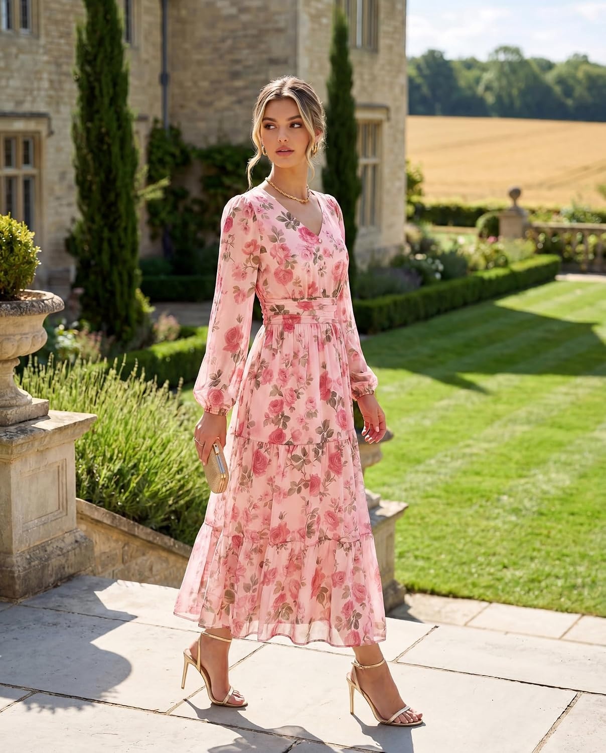 image:imageGRACE KARIN Womens Floral Long Sleeve DressElegance Wedding Guest DressesV Neck Flowy Boho Maxi Dress with PocketGrayish With Pink Flowers
