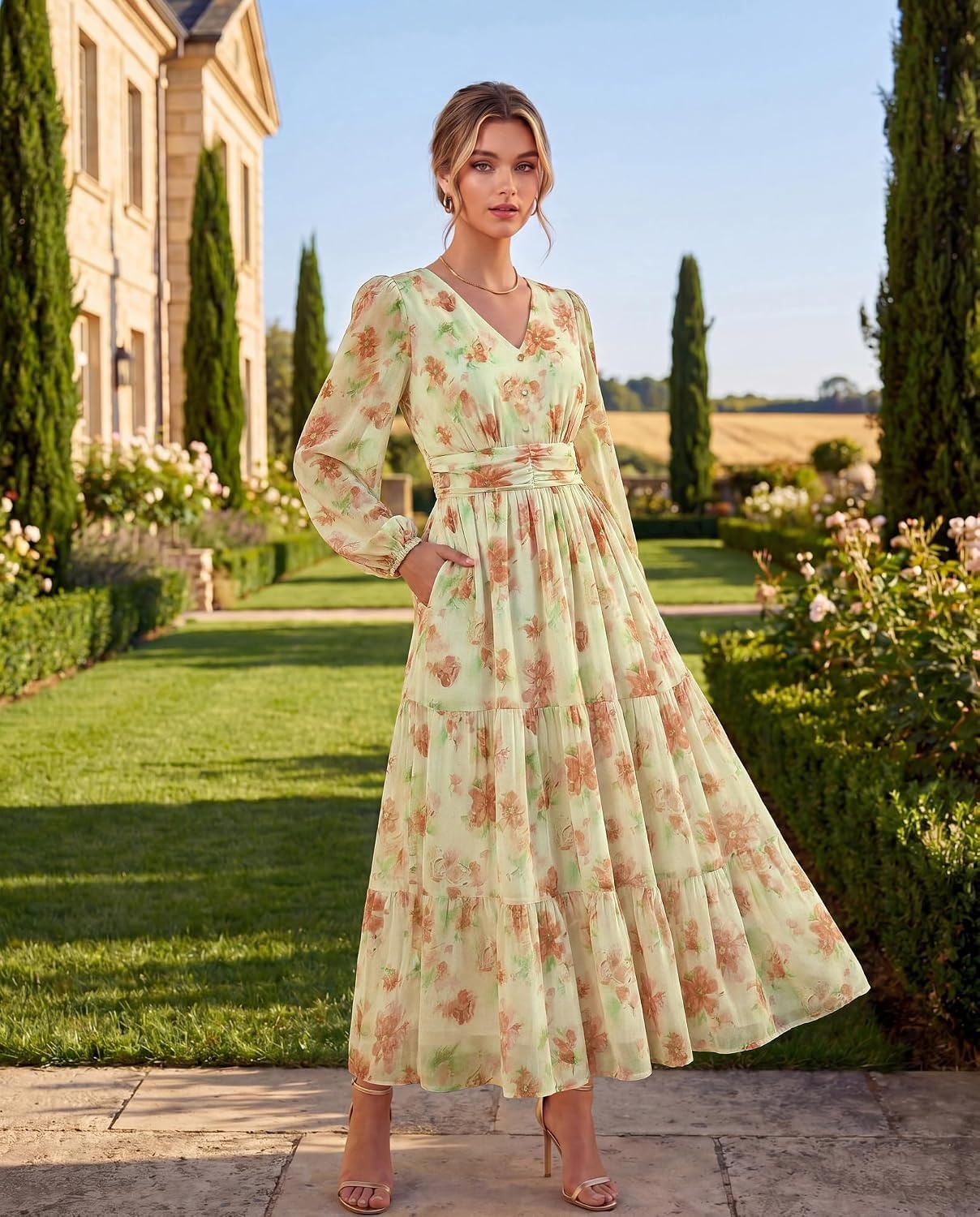 image:imageGRACE KARIN Womens Floral Long Sleeve DressElegance Wedding Guest DressesV Neck Flowy Boho Maxi Dress with PocketRice With Orange Flowers