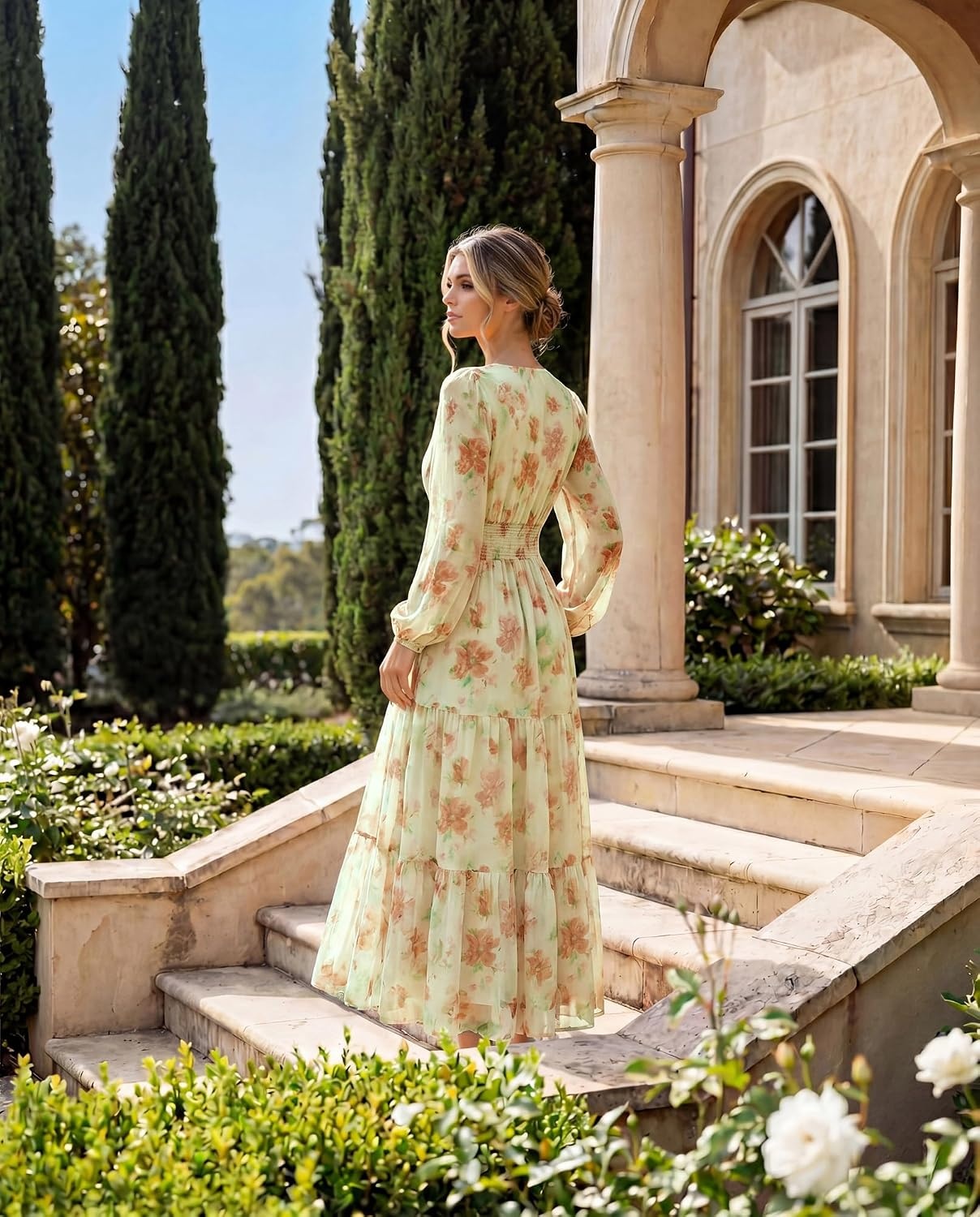 image:imageGRACE KARIN Womens Floral Long Sleeve DressElegance Wedding Guest DressesV Neck Flowy Boho Maxi Dress with PocketRice With Orange Flowers