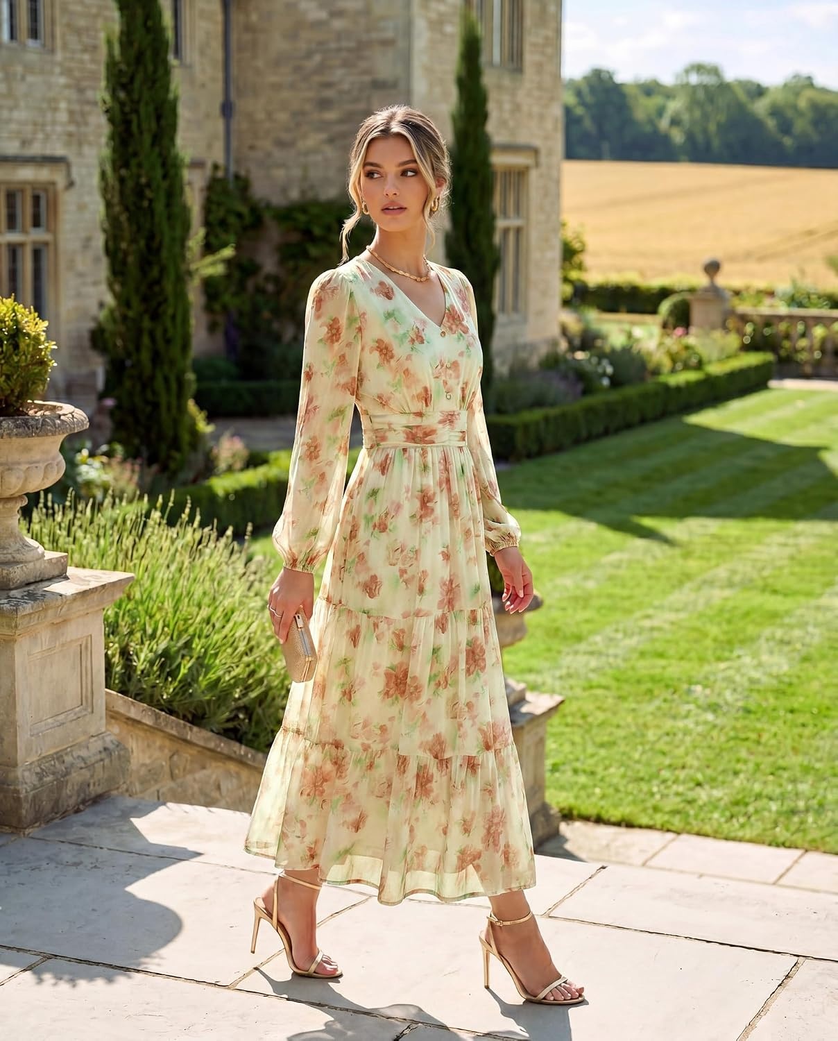 image:imageGRACE KARIN Womens Floral Long Sleeve DressElegance Wedding Guest DressesV Neck Flowy Boho Maxi Dress with PocketRice With Orange Flowers