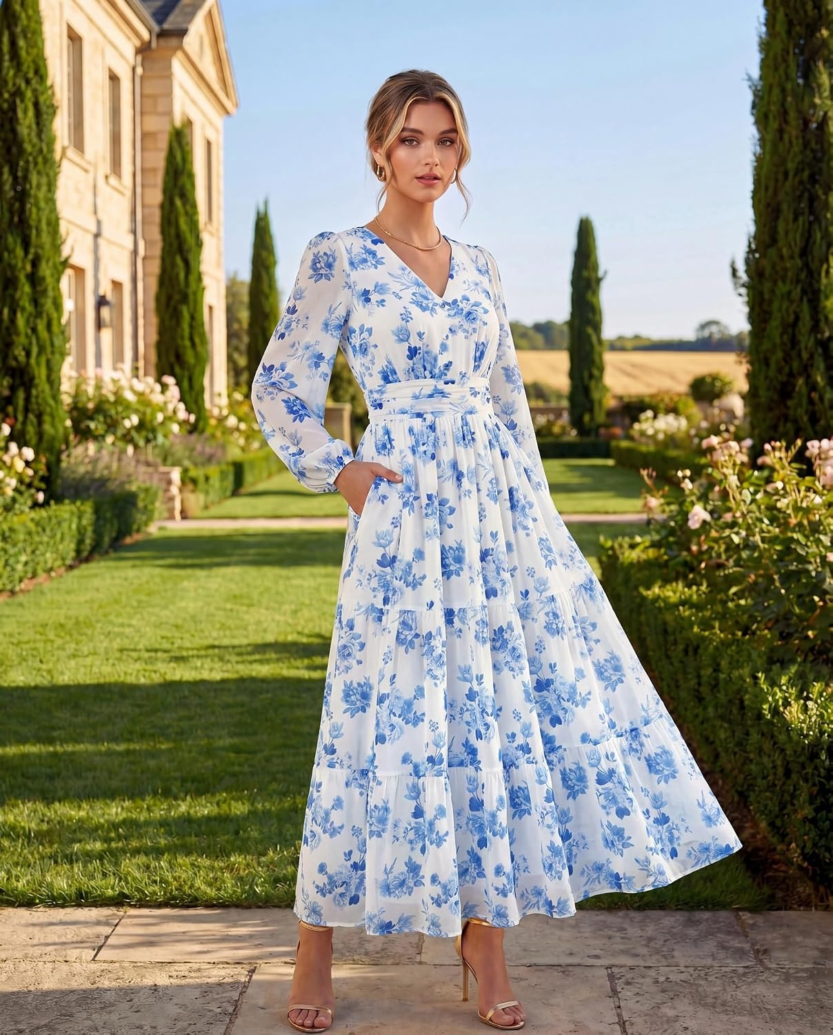 image:imageGRACE KARIN Womens Floral Long Sleeve DressElegance Wedding Guest DressesV Neck Flowy Boho Maxi Dress with PocketWhite With Blue Flowers