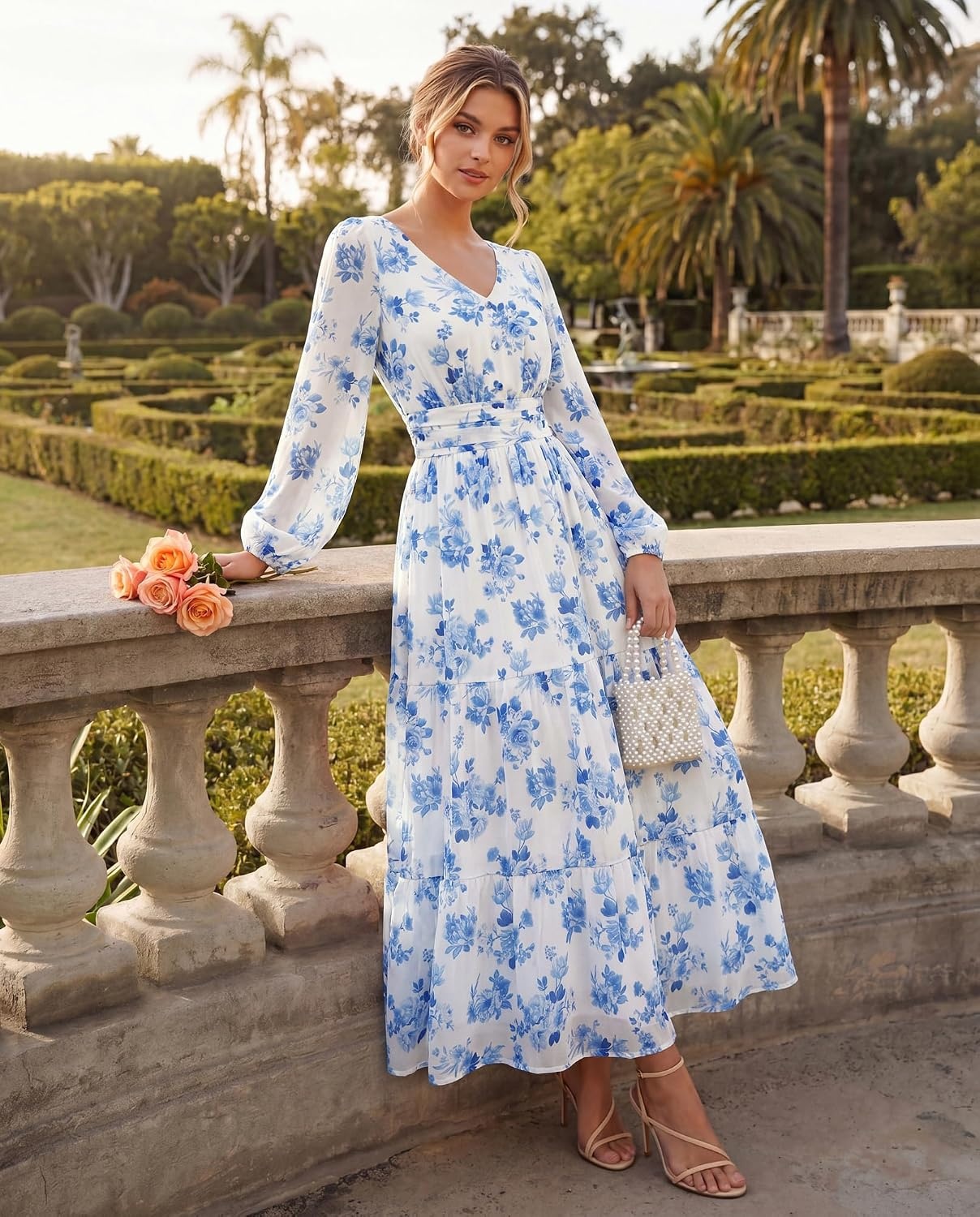 image:imageGRACE KARIN Womens Floral Long Sleeve DressElegance Wedding Guest DressesV Neck Flowy Boho Maxi Dress with PocketWhite With Blue Flowers