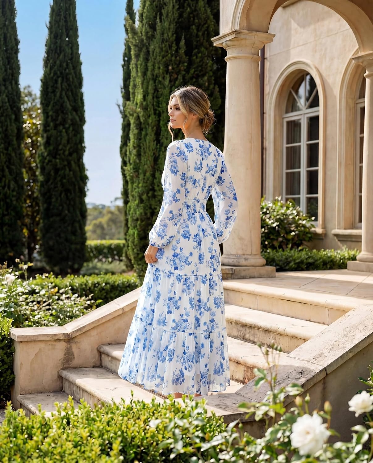 image:imageGRACE KARIN Womens Floral Long Sleeve DressElegance Wedding Guest DressesV Neck Flowy Boho Maxi Dress with PocketWhite With Blue Flowers