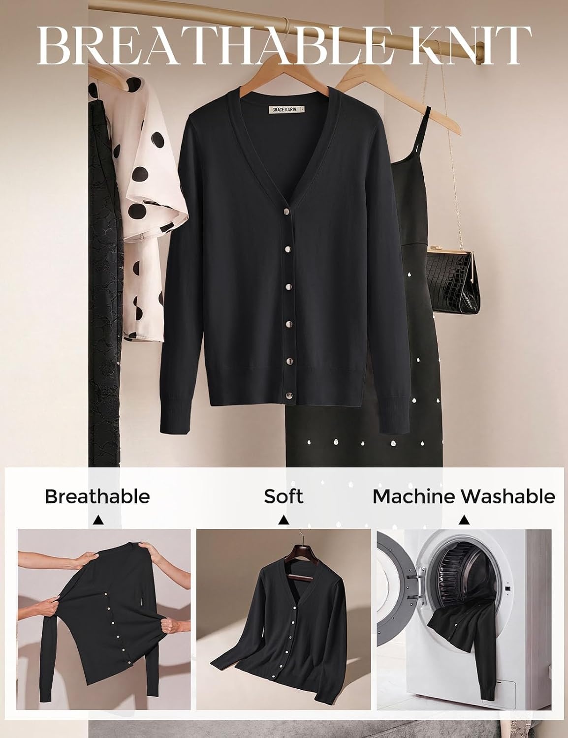 image:imageGRACE KARIN Womens Long Sleeve V Neck Button Down Cardigan Sweaters Lightweight Summer Business Casual OutfitsBlack