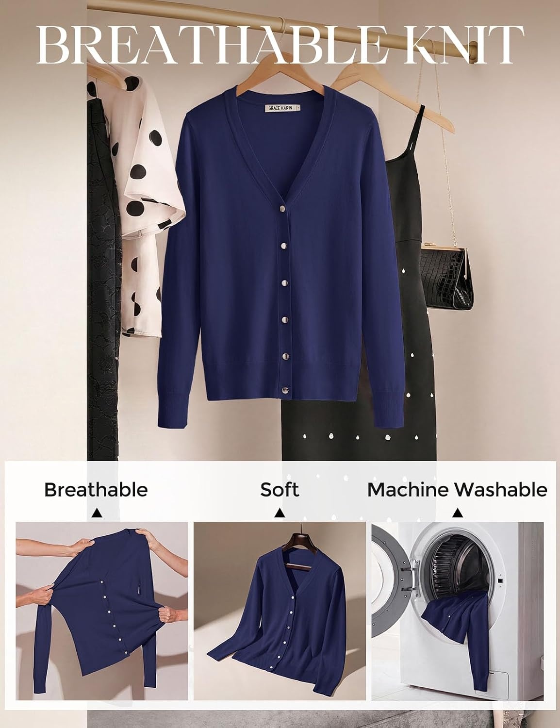 image:imageGRACE KARIN Womens Long Sleeve V Neck Button Down Cardigan Sweaters Lightweight Summer Business Casual OutfitsNavy Blue
