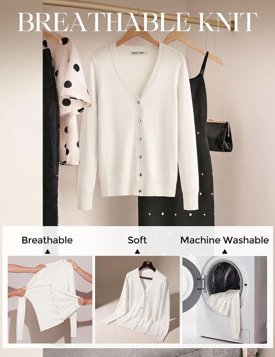 image:imageGRACE KARIN Womens Long Sleeve V Neck Button Down Cardigan Sweaters Lightweight Summer Business Casual OutfitsWhite