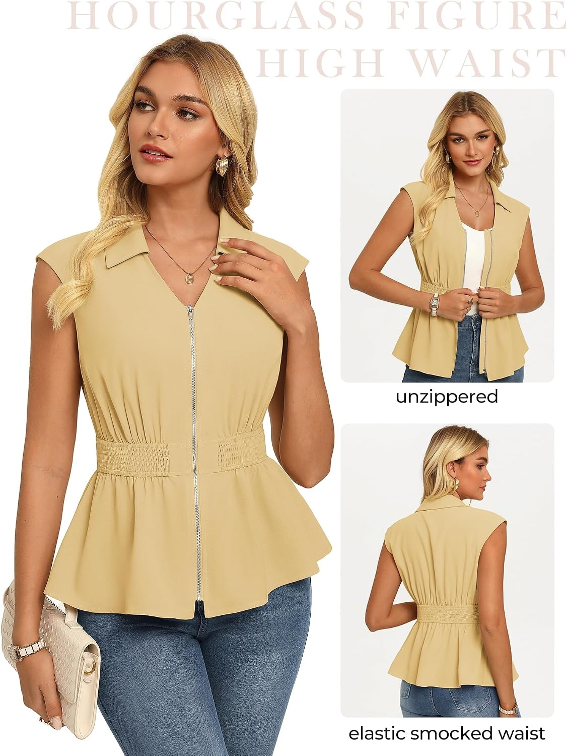 image:imageGRACE KARIN Womens Peplum Tops Business CasualShort Sleeve Work Blouses SummerZipper V Neck Shirts Cinched Smocked WaistBeige