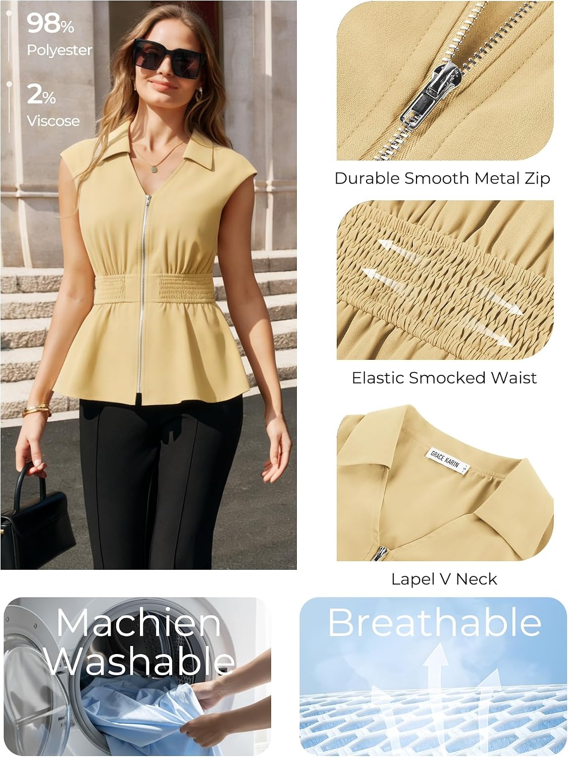image:imageGRACE KARIN Womens Peplum Tops Business CasualShort Sleeve Work Blouses SummerZipper V Neck Shirts Cinched Smocked WaistBeige