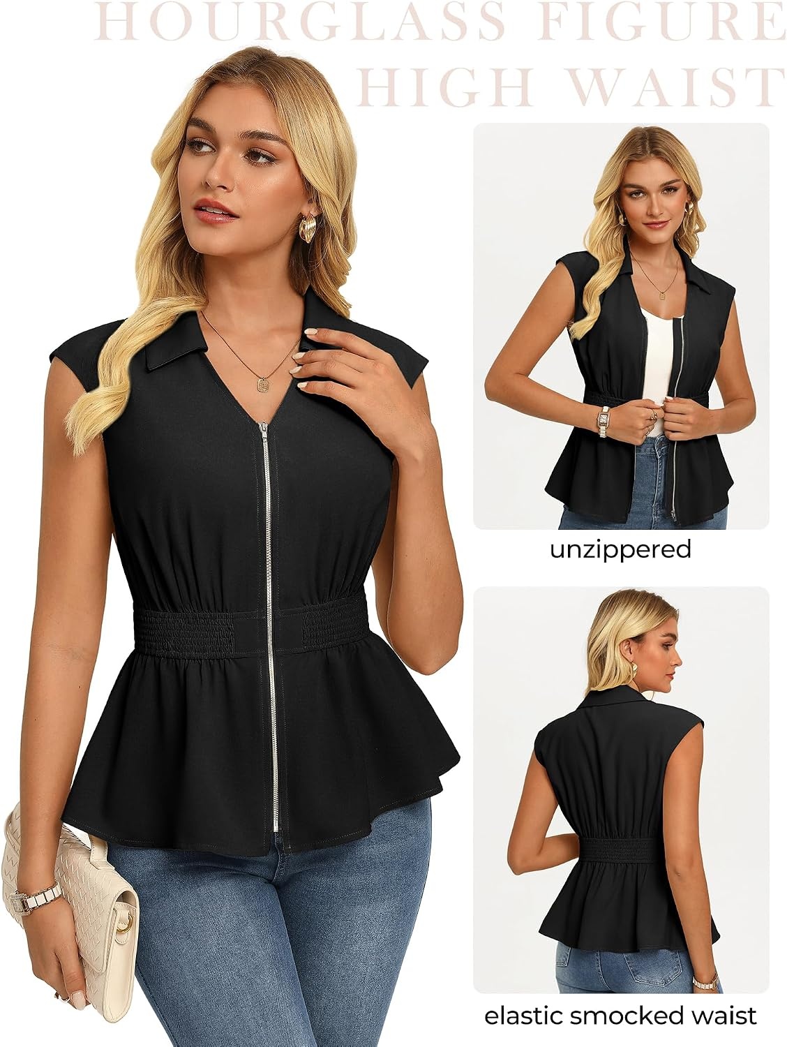 image:imageGRACE KARIN Womens Peplum Tops Business CasualShort Sleeve Work Blouses SummerZipper V Neck Shirts Cinched Smocked WaistBlack
