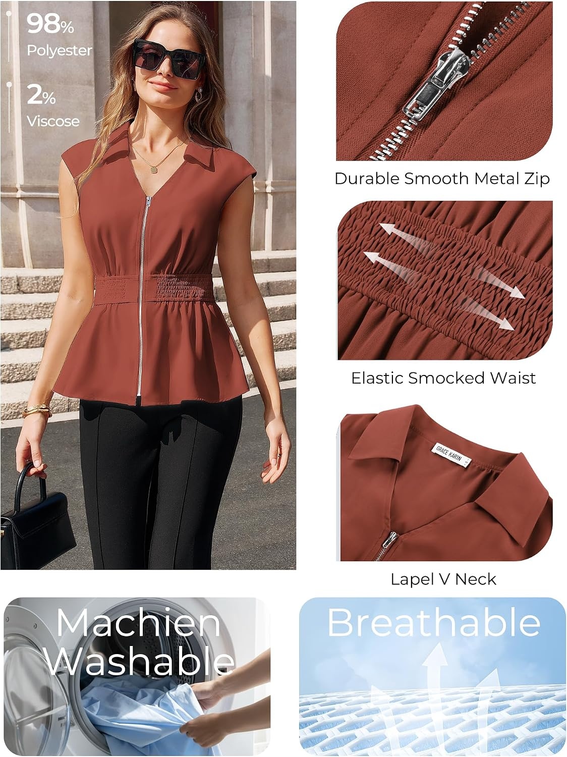 image:imageGRACE KARIN Womens Peplum Tops Business CasualShort Sleeve Work Blouses SummerZipper V Neck Shirts Cinched Smocked WaistBrick Red