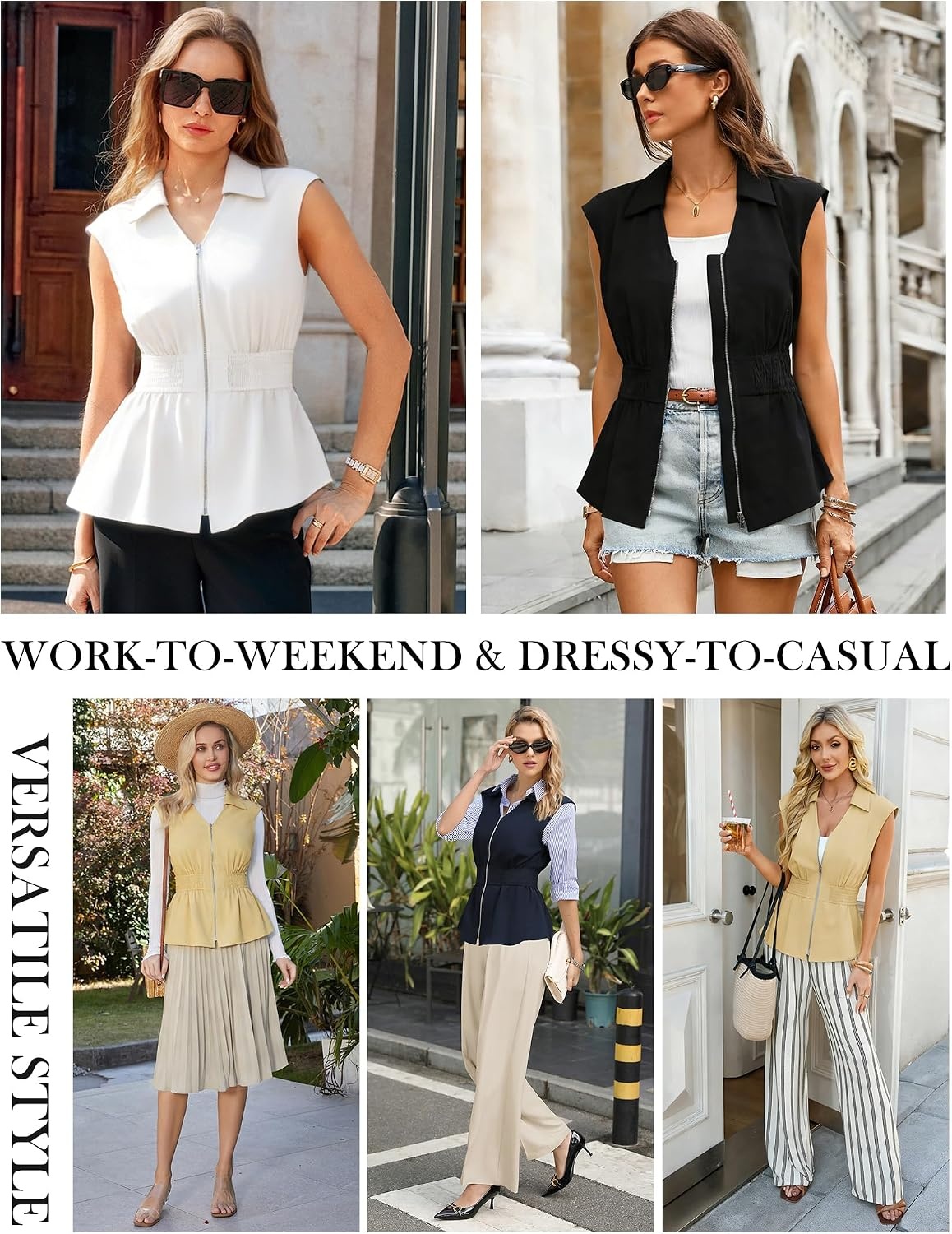 image:imageGRACE KARIN Womens Peplum Tops Business CasualShort Sleeve Work Blouses SummerZipper V Neck Shirts Cinched Smocked WaistBrick Red