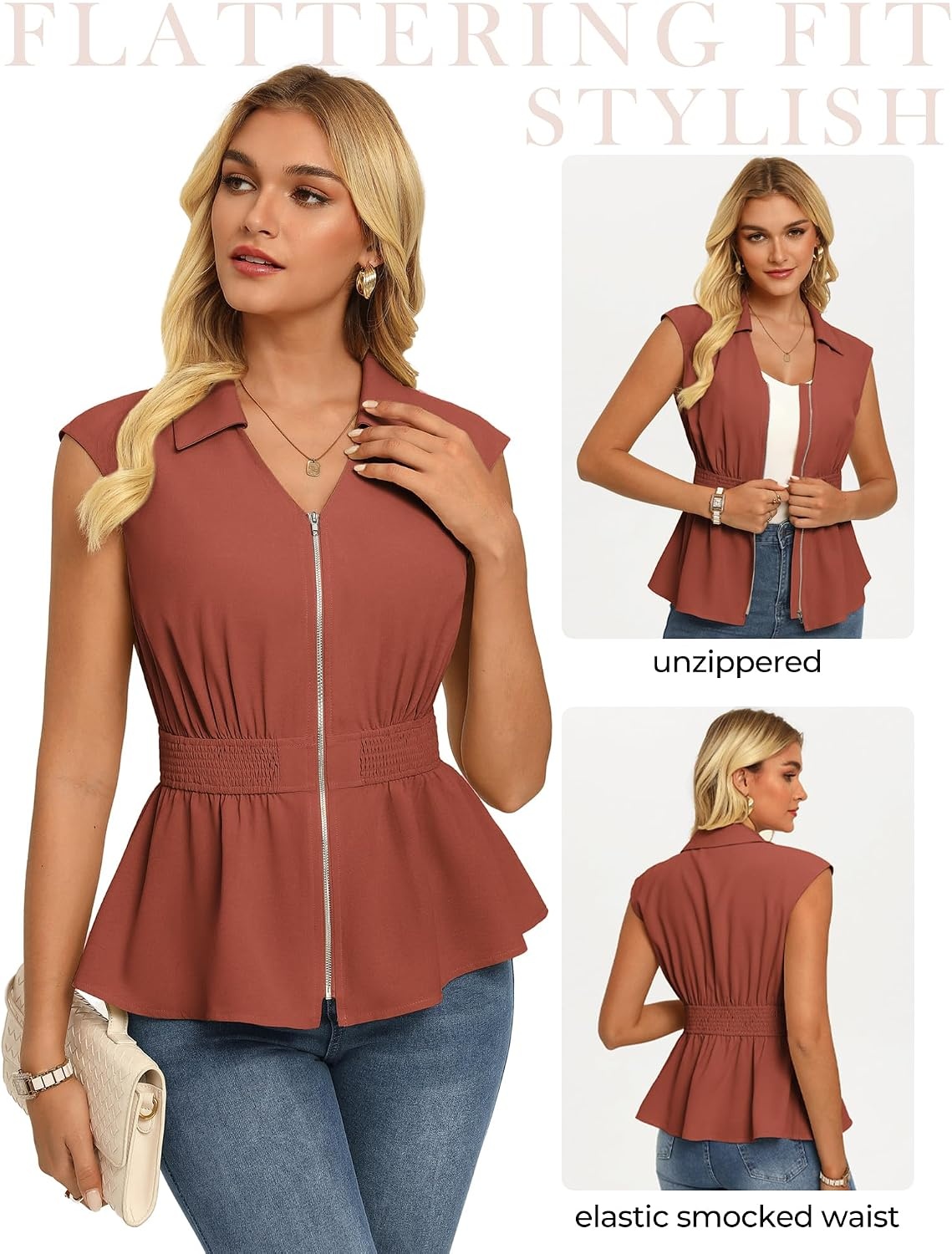 image:imageGRACE KARIN Womens Peplum Tops Business CasualShort Sleeve Work Blouses SummerZipper V Neck Shirts Cinched Smocked WaistBrick Red