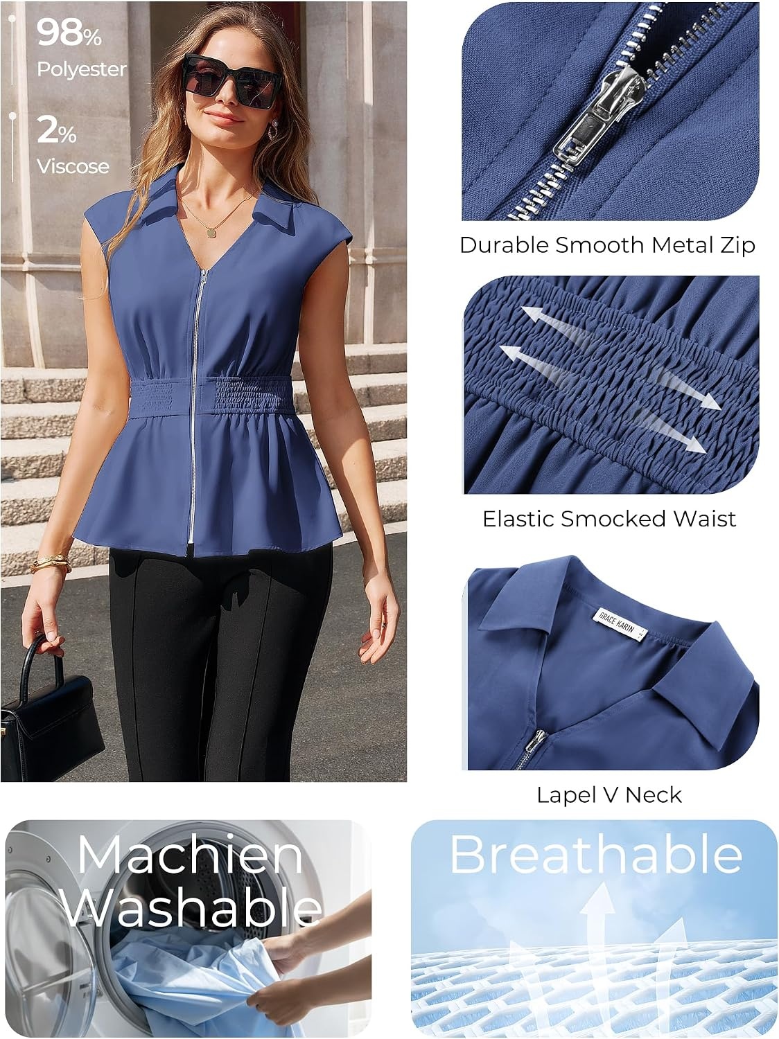 image:imageGRACE KARIN Womens Peplum Tops Business CasualShort Sleeve Work Blouses SummerZipper V Neck Shirts Cinched Smocked WaistDenim Blue