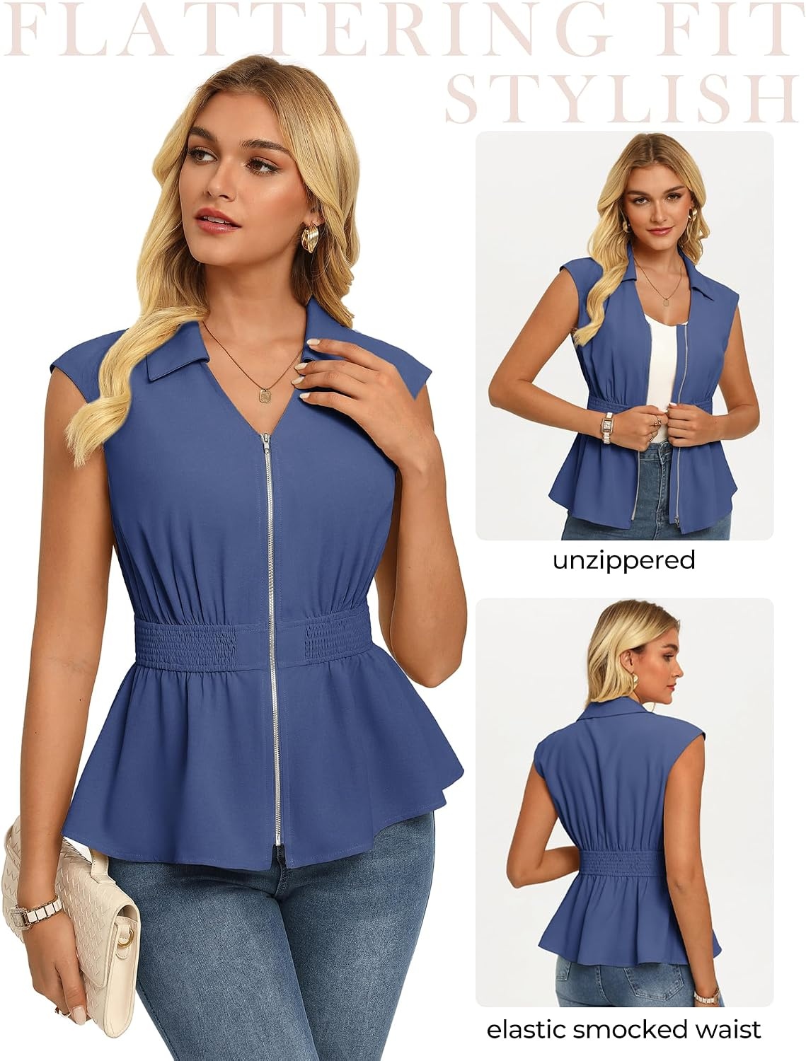 image:imageGRACE KARIN Womens Peplum Tops Business CasualShort Sleeve Work Blouses SummerZipper V Neck Shirts Cinched Smocked WaistDenim Blue