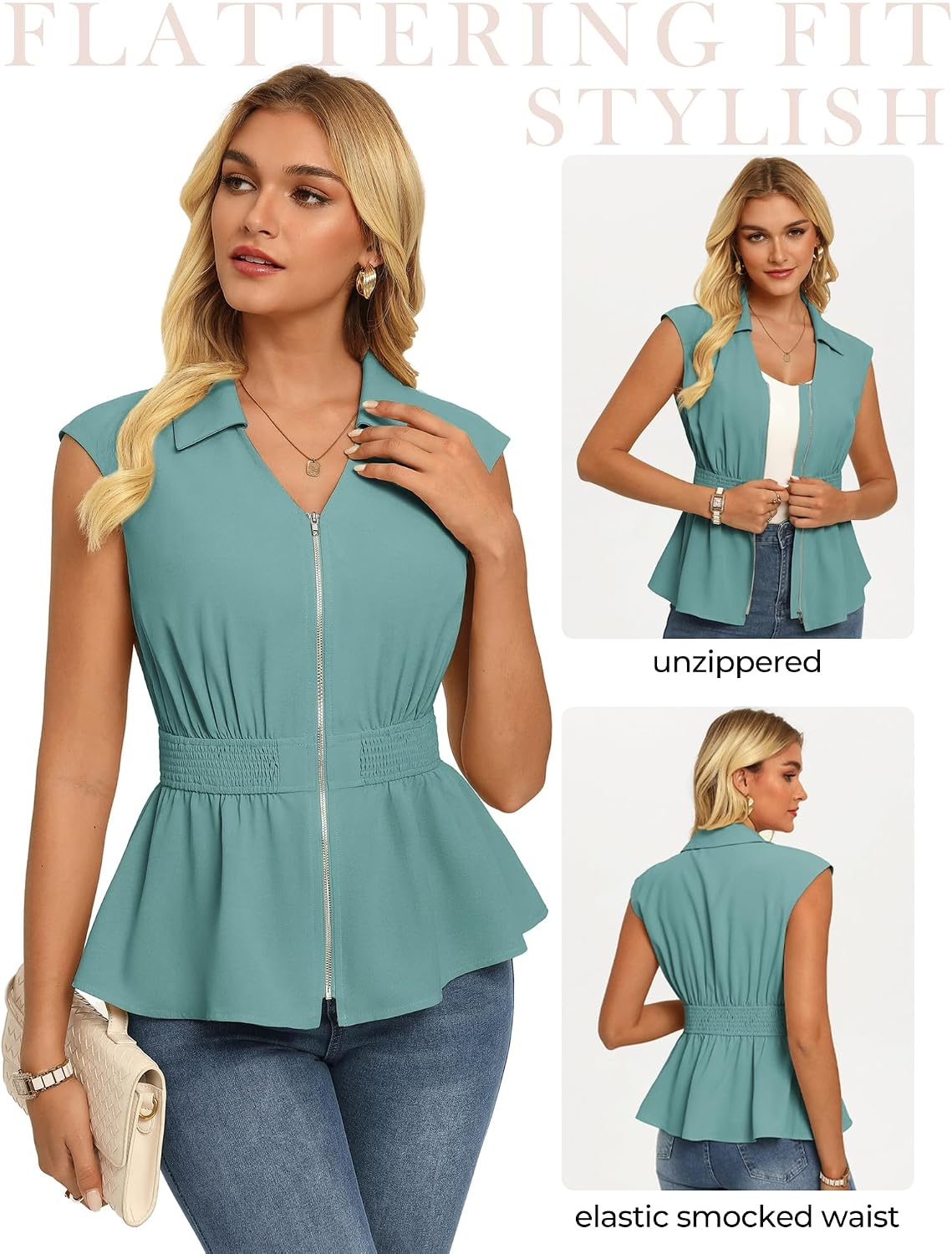 image:imageGRACE KARIN Womens Peplum Tops Business CasualShort Sleeve Work Blouses SummerZipper V Neck Shirts Cinched Smocked WaistTurquoise