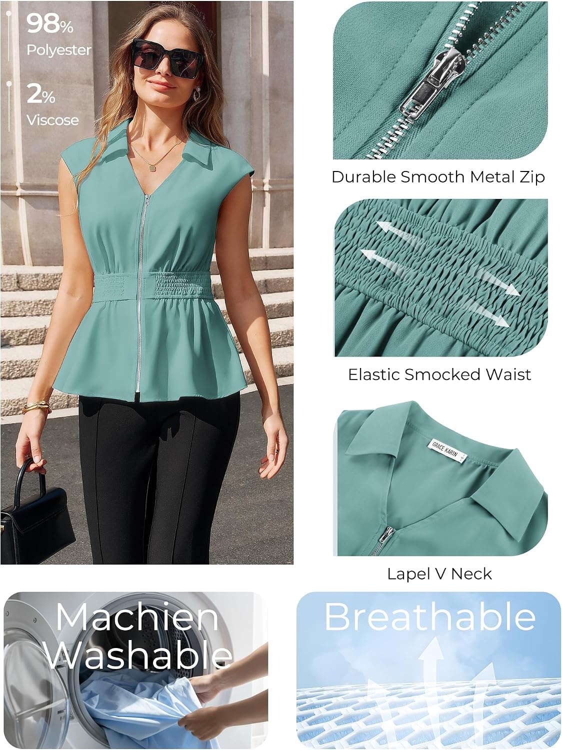 image:imageGRACE KARIN Womens Peplum Tops Business CasualShort Sleeve Work Blouses SummerZipper V Neck Shirts Cinched Smocked WaistTurquoise