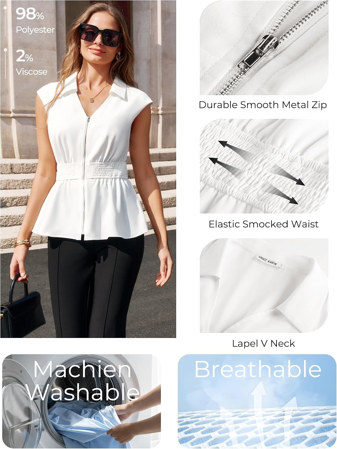 image:imageGRACE KARIN Womens Peplum Tops Business CasualShort Sleeve Work Blouses SummerZipper V Neck Shirts Cinched Smocked WaistWhite
