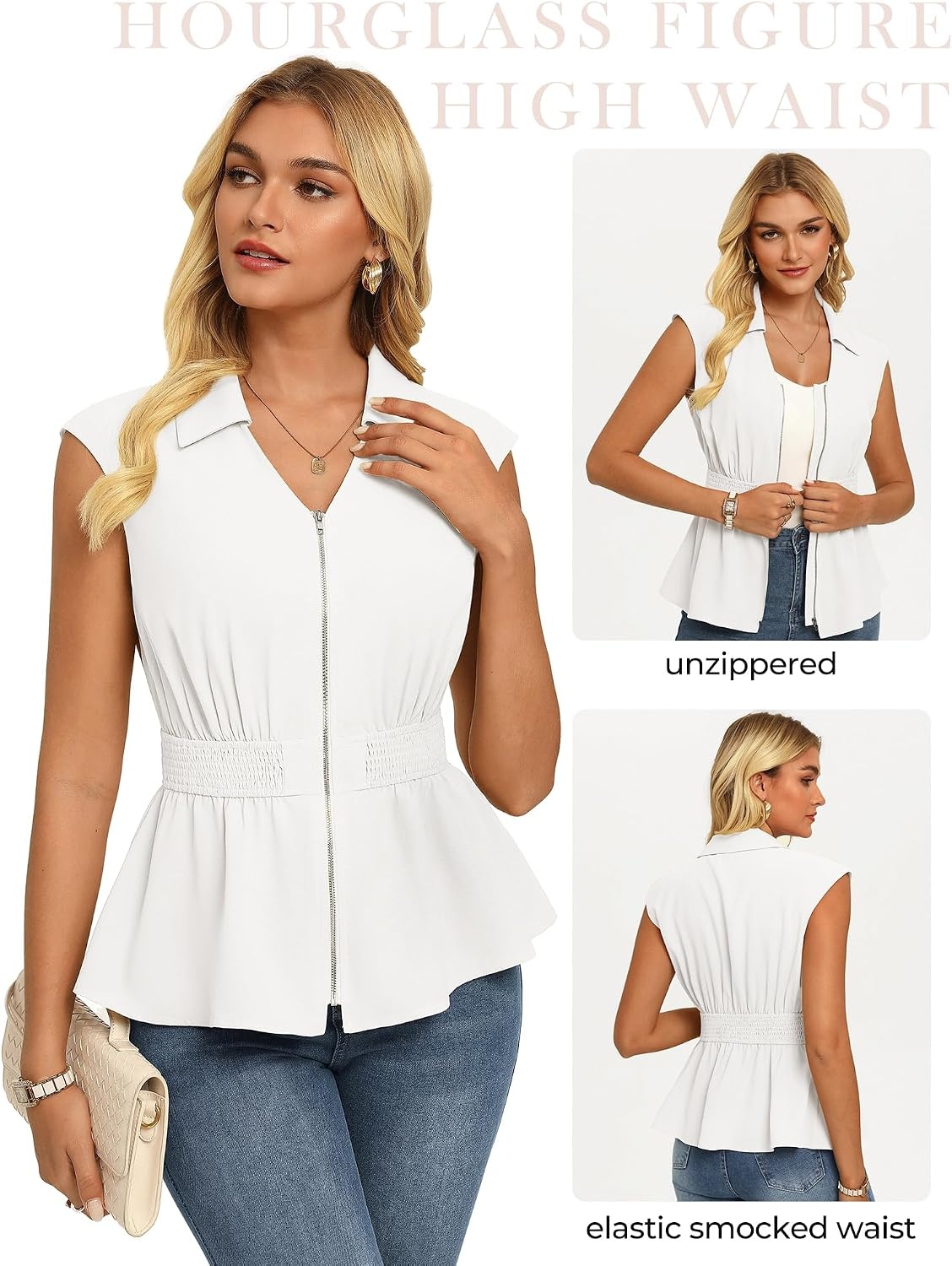 image:imageGRACE KARIN Womens Peplum Tops Business CasualShort Sleeve Work Blouses SummerZipper V Neck Shirts Cinched Smocked WaistWhite