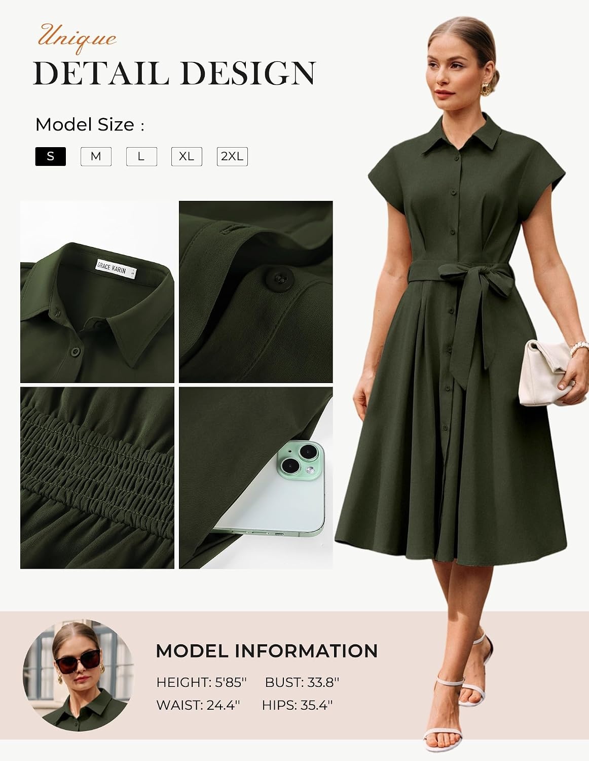 image:imageGRACE KARIN Womens Short Sleeve Shirt Dresses 2026 Summer Midi Button Down Dress Work Business Casual Dress with PocketsArmy Green