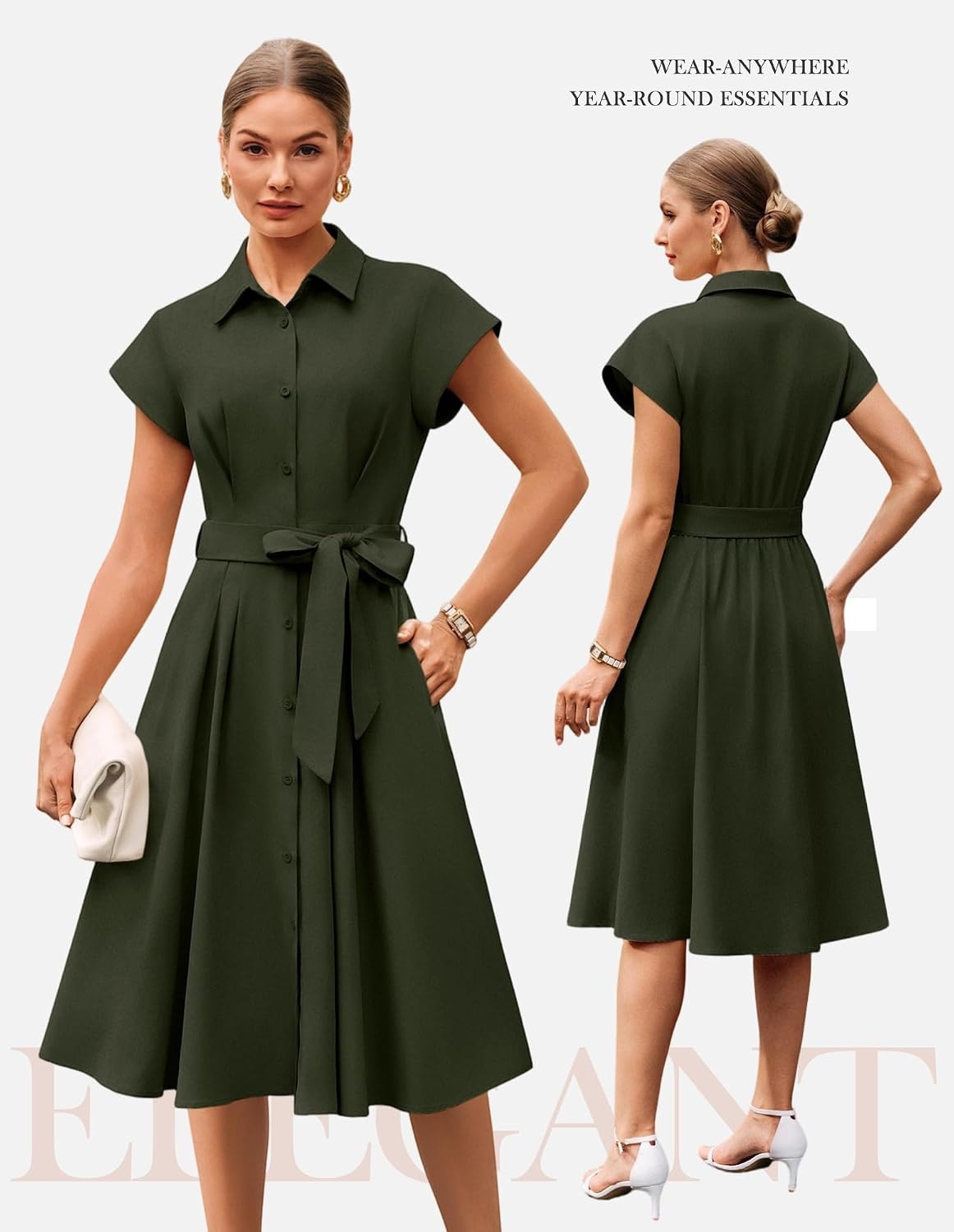 image:imageGRACE KARIN Womens Short Sleeve Shirt Dresses 2026 Summer Midi Button Down Dress Work Business Casual Dress with PocketsArmy Green