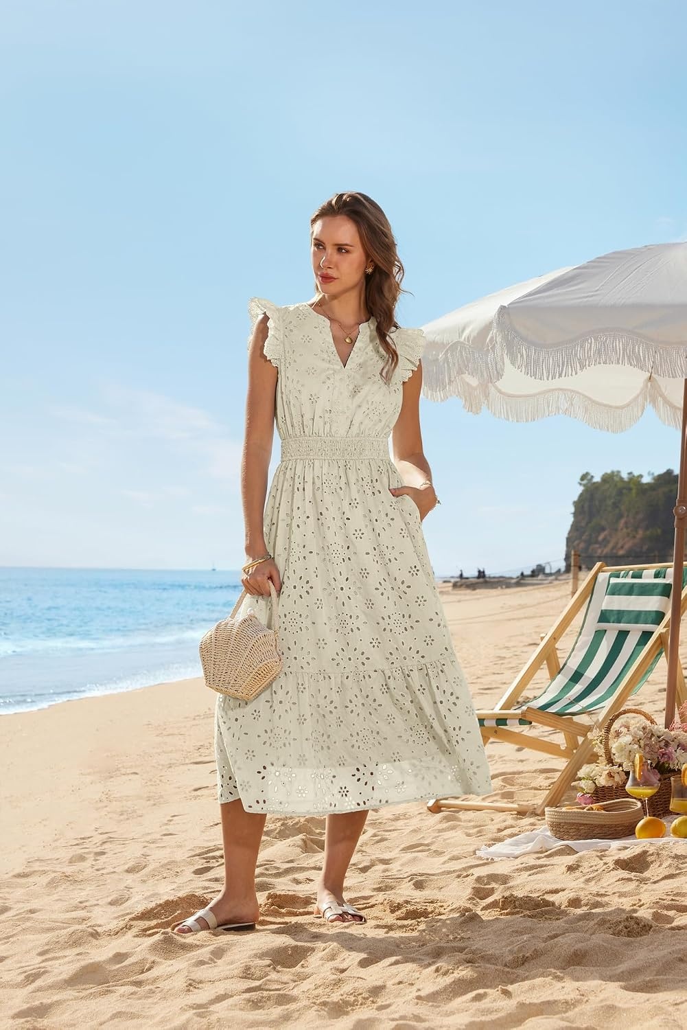 image:imageGRACE KARIN Womens Summer Boho Maxi Dress Casual 2026 Spring V Neck Eyelet Dresses Flowy Vacation Beach Sundress with PocketsApricot