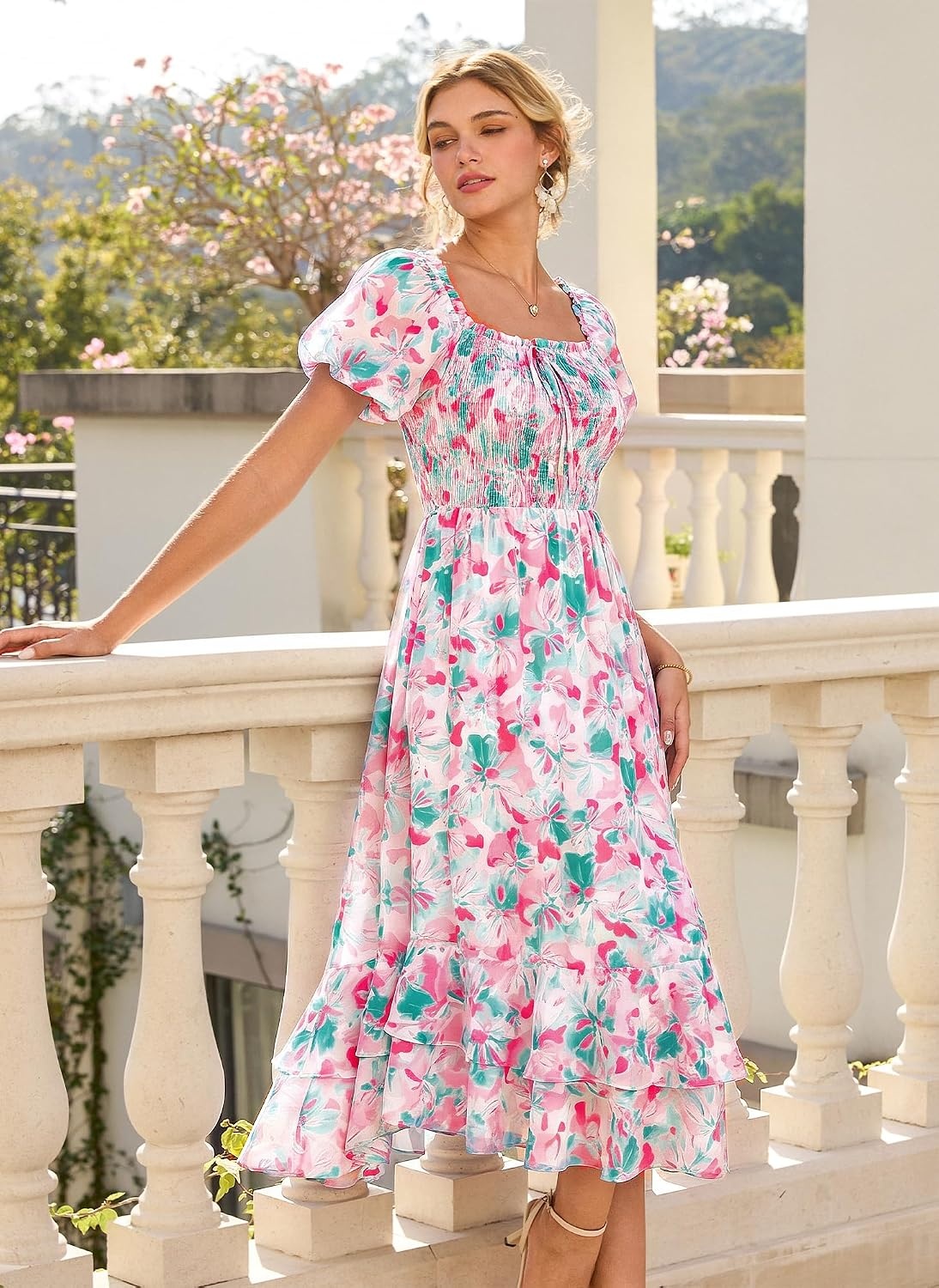 image:imageGRACE KARIN Womens Summer Floral Maxi Dress 2026 Flowy Wedding Guest Dress A Line Boho Dresses Fashion Clothing with PocketsGreen Flower