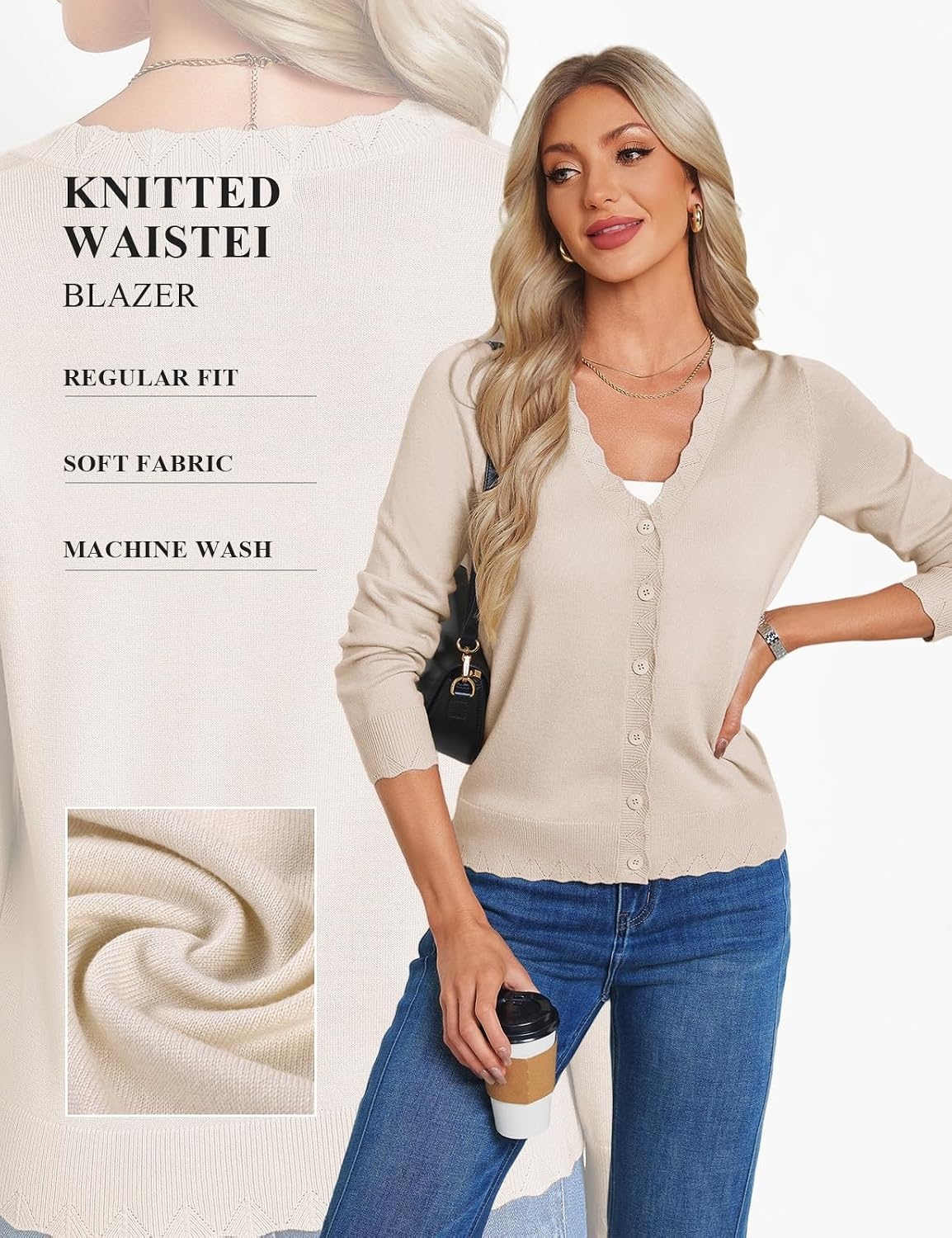 image:imageGRACE KARIN Womens Wool Blend Long Sleeve V Neck Button Up Lightweight Cardigan Sweater Open Front Dressy Casual ShrugsApricot