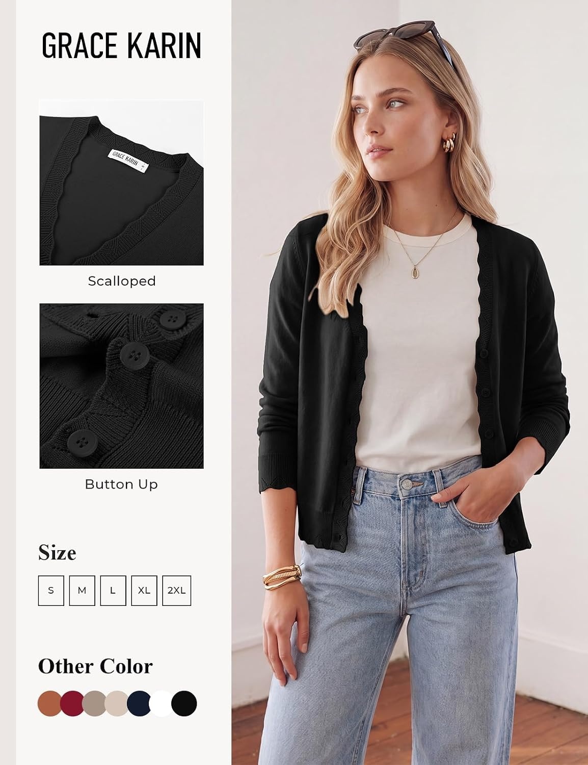 image:imageGRACE KARIN Womens Wool Blend Long Sleeve V Neck Button Up Lightweight Cardigan Sweater Open Front Dressy Casual ShrugsBlack