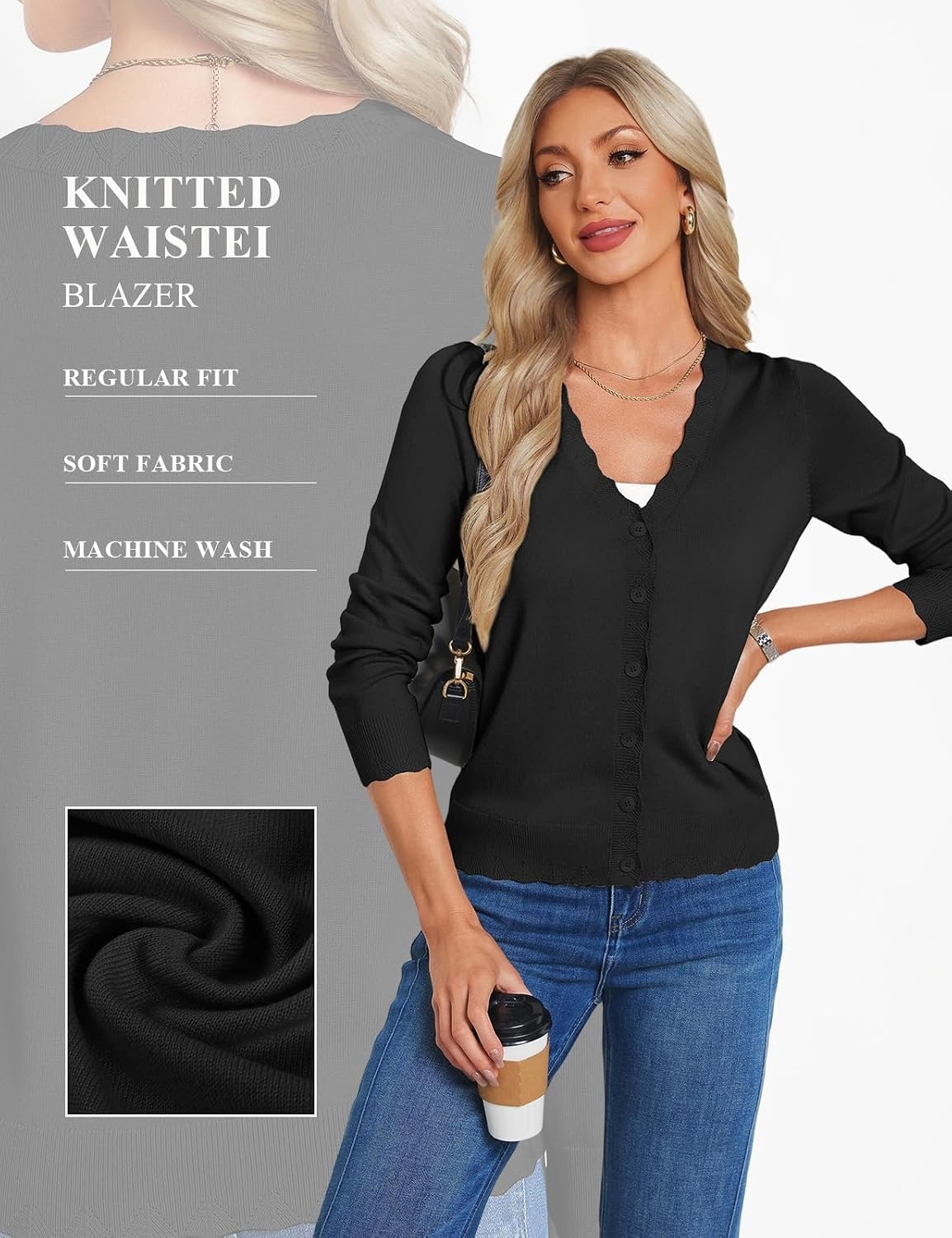 image:imageGRACE KARIN Womens Wool Blend Long Sleeve V Neck Button Up Lightweight Cardigan Sweater Open Front Dressy Casual ShrugsBlack