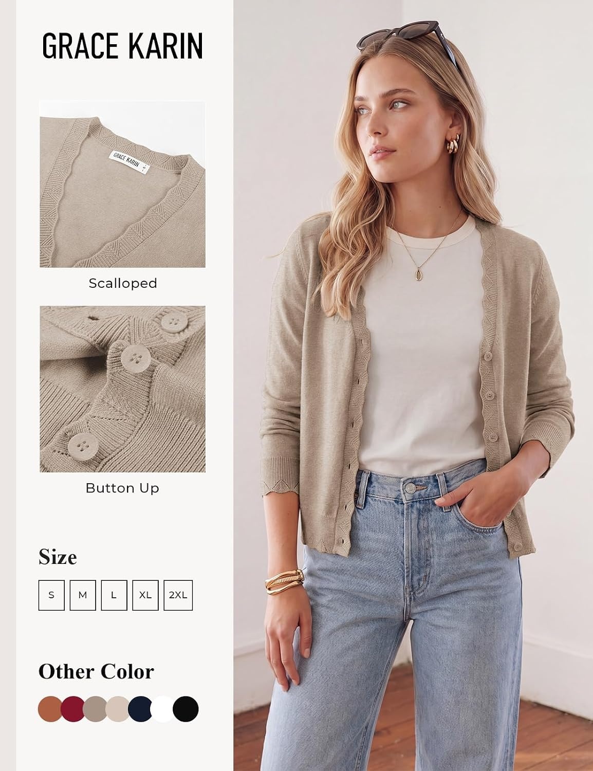 image:imageGRACE KARIN Womens Wool Blend Long Sleeve V Neck Button Up Lightweight Cardigan Sweater Open Front Dressy Casual ShrugsKhaki