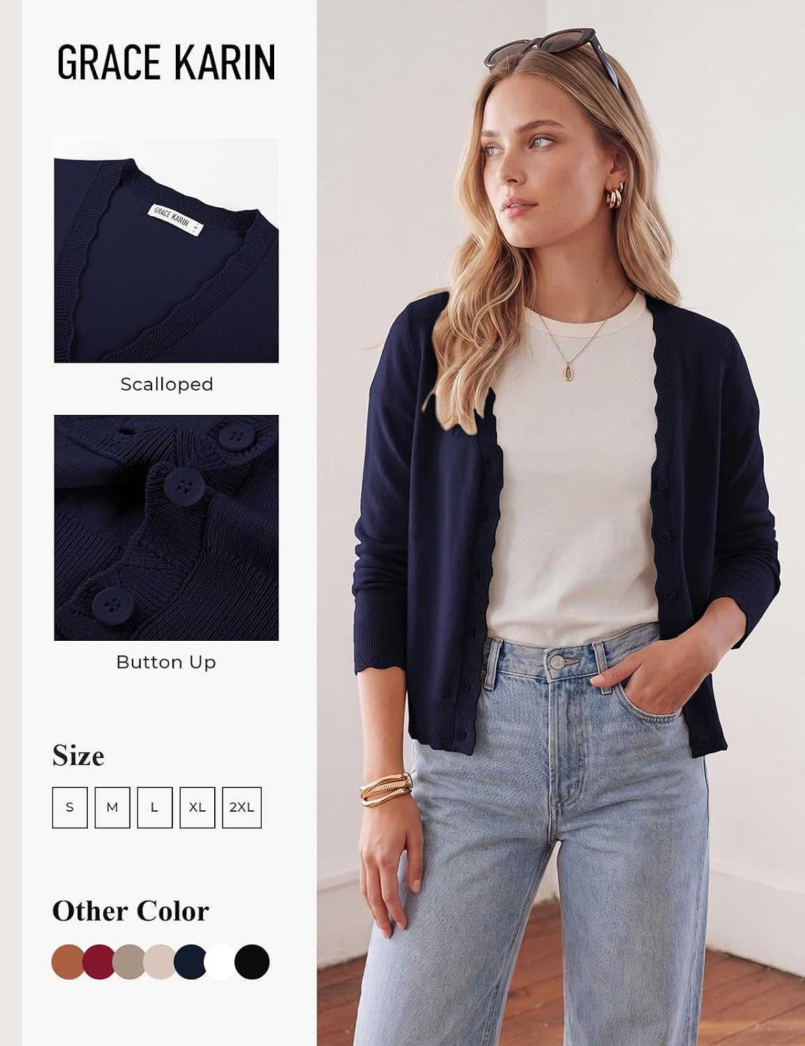 image:imageGRACE KARIN Womens Wool Blend Long Sleeve V Neck Button Up Lightweight Cardigan Sweater Open Front Dressy Casual ShrugsNavy Blue