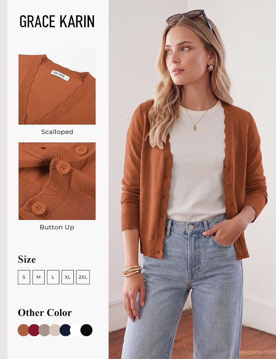 image:imageGRACE KARIN Womens Wool Blend Long Sleeve V Neck Button Up Lightweight Cardigan Sweater Open Front Dressy Casual ShrugsPumpkin Orange