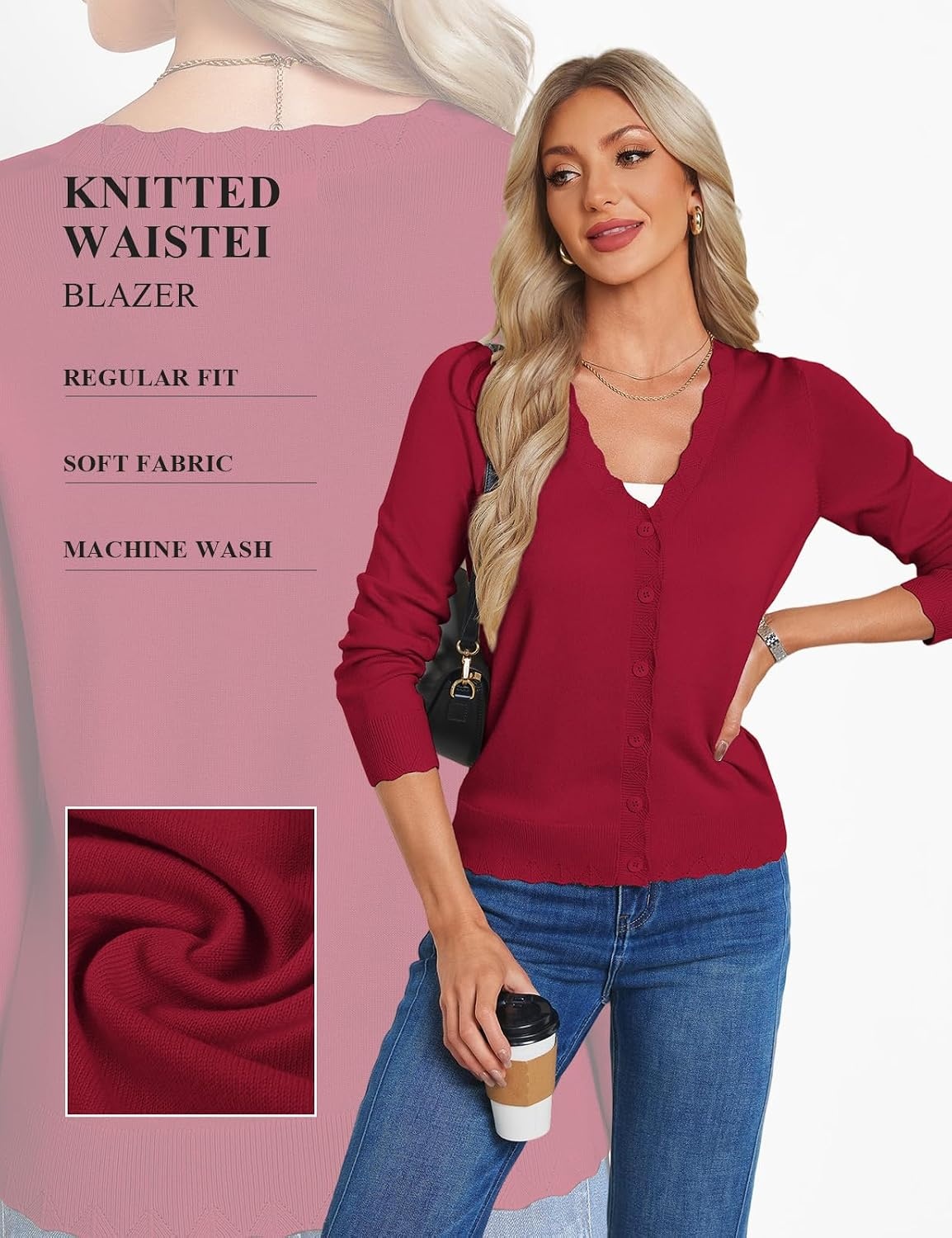image:imageGRACE KARIN Womens Wool Blend Long Sleeve V Neck Button Up Lightweight Cardigan Sweater Open Front Dressy Casual ShrugsRed