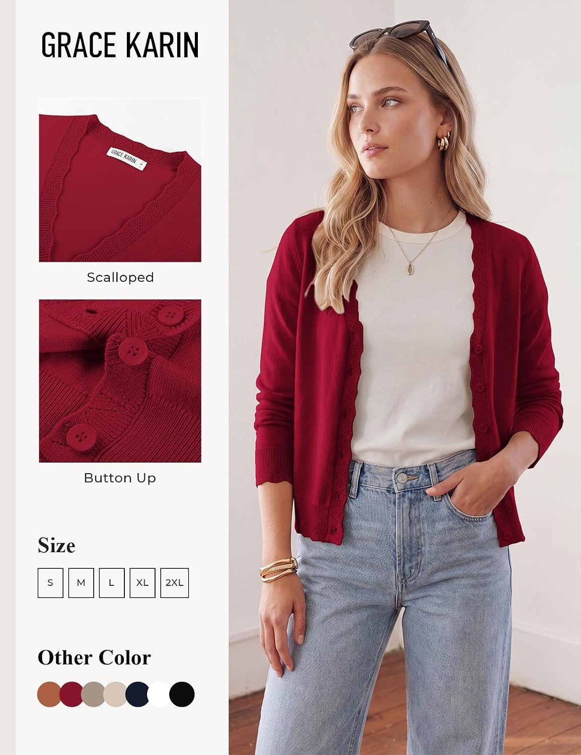 image:imageGRACE KARIN Womens Wool Blend Long Sleeve V Neck Button Up Lightweight Cardigan Sweater Open Front Dressy Casual ShrugsRed