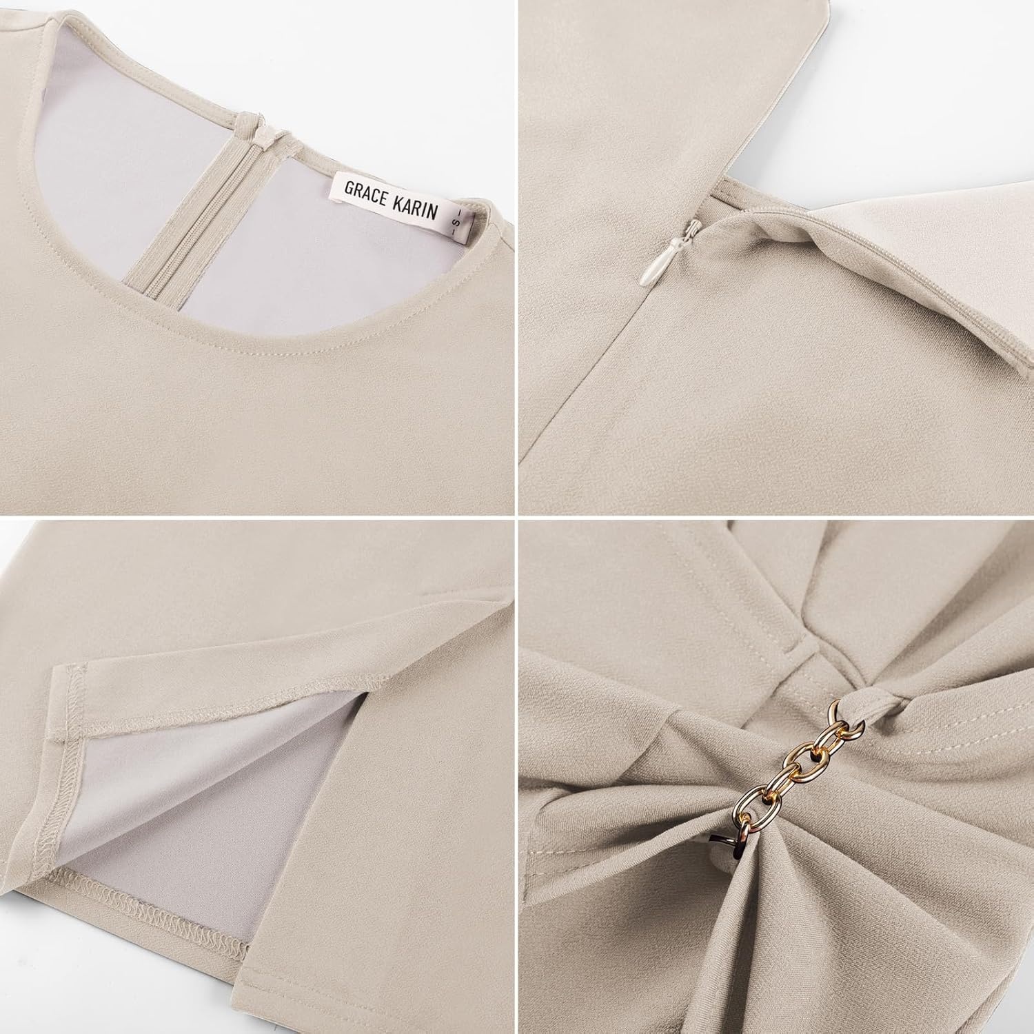 image:imageGRACE KARIN Work Dresses for Women 2026 Short Sleeve Sheath Business Midi Dress Wrap Bodycon Office Cocktail OutfitsBeige