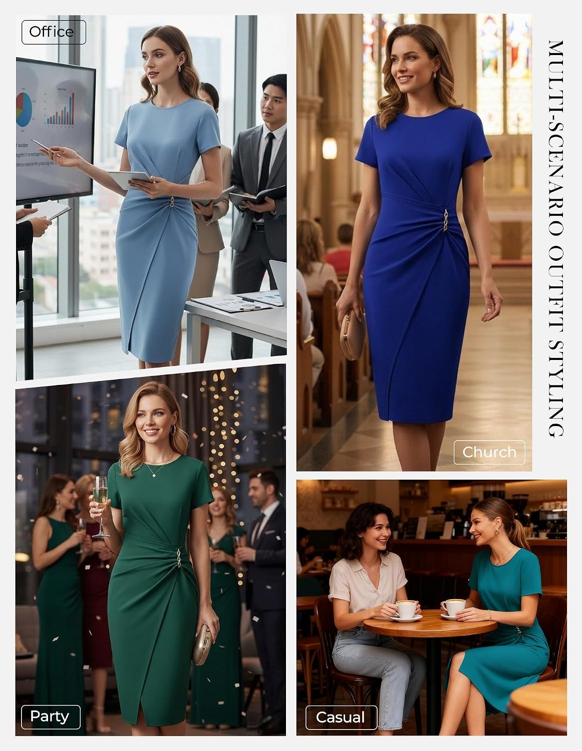 image:imageGRACE KARIN Work Dresses for Women 2026 Short Sleeve Sheath Business Midi Dress Wrap Bodycon Office Cocktail OutfitsDark Green