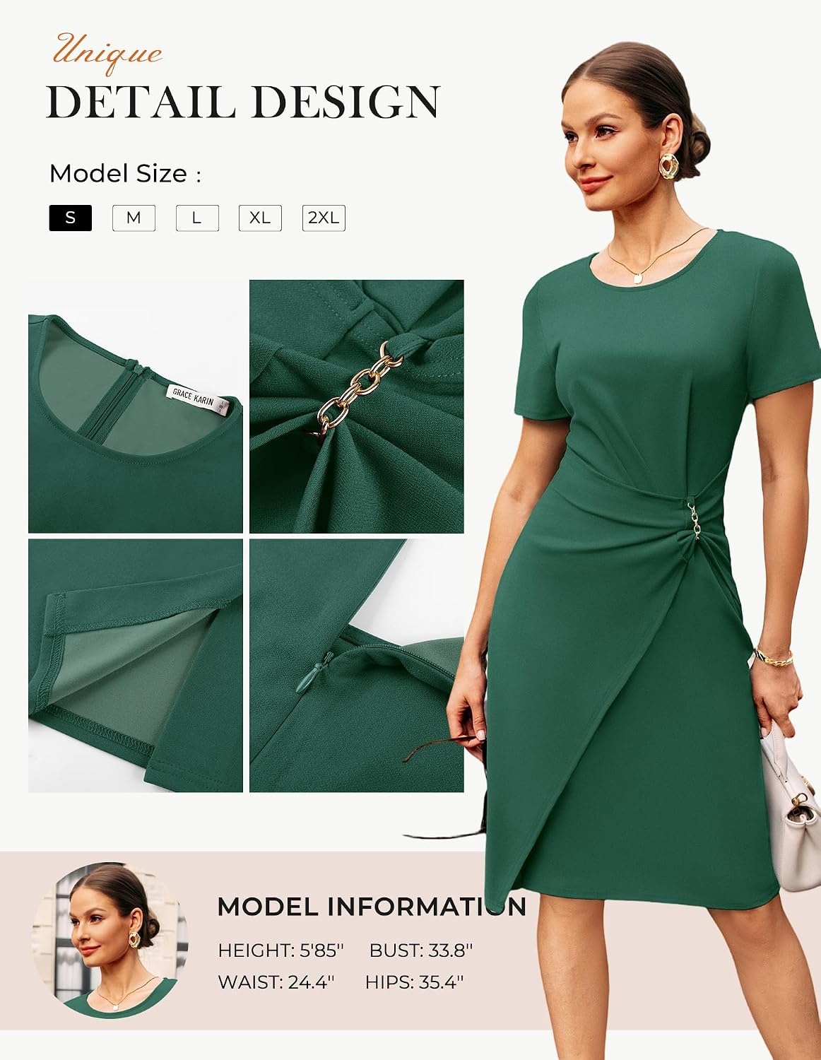 image:imageGRACE KARIN Work Dresses for Women 2026 Short Sleeve Sheath Business Midi Dress Wrap Bodycon Office Cocktail OutfitsDark Green