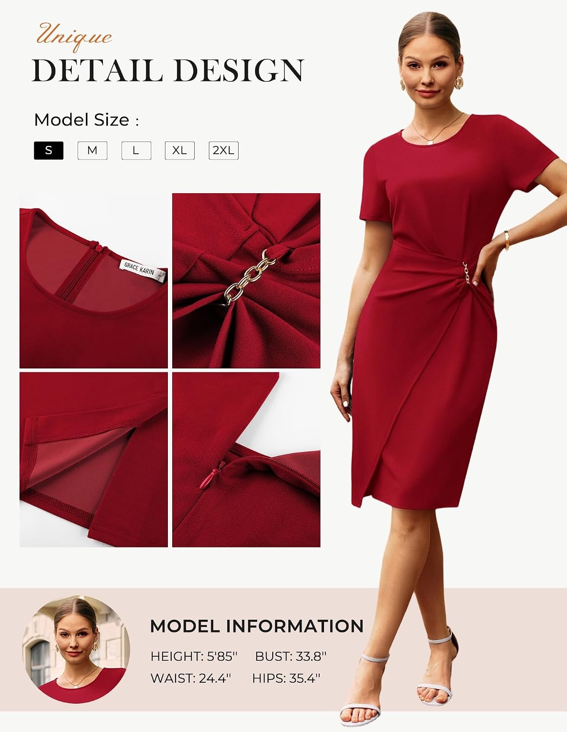 image:imageGRACE KARIN Work Dresses for Women 2026 Short Sleeve Sheath Business Midi Dress Wrap Bodycon Office Cocktail OutfitsRed