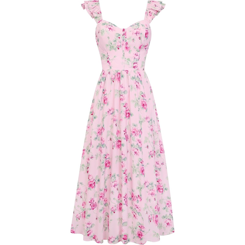 image:imageGRACE KARIN 2026 Women Summer Maxi Floral Corset DressRuffle Sleeve Milkmaid Dresses Wedding Guest Dresses with PocketFoundation With Pink Floral