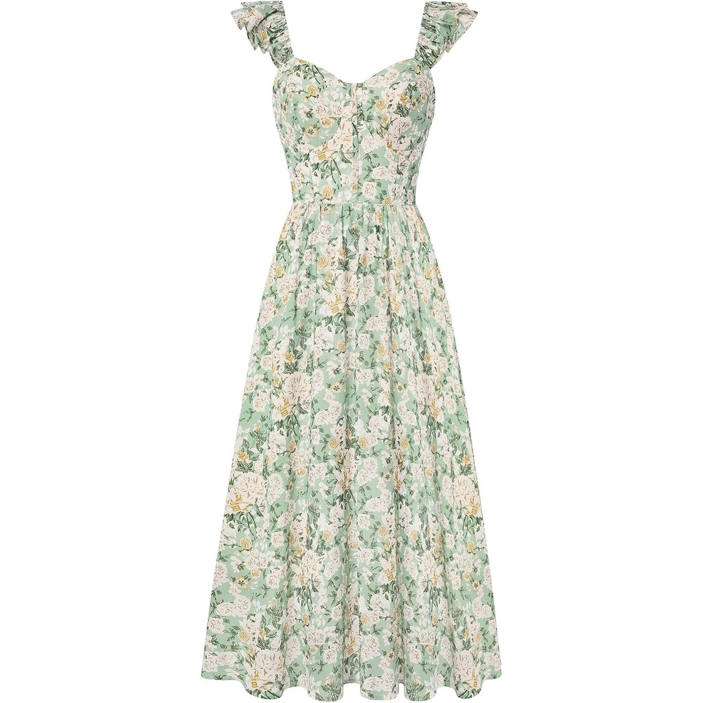 image:imageGRACE KARIN 2026 Women Summer Maxi Floral Corset DressRuffle Sleeve Milkmaid Dresses Wedding Guest Dresses with PocketGreen With White Yellow Flowers