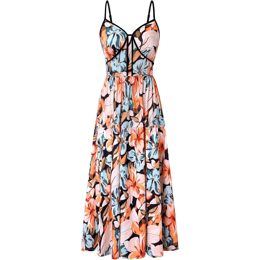 image:imageGRACE KARIN 2026 Womens Spaghetti Strap Resort Wear Summer Beach Maxi Sundress Floral Vacation Dresses with PocketsBlack Orange Floral