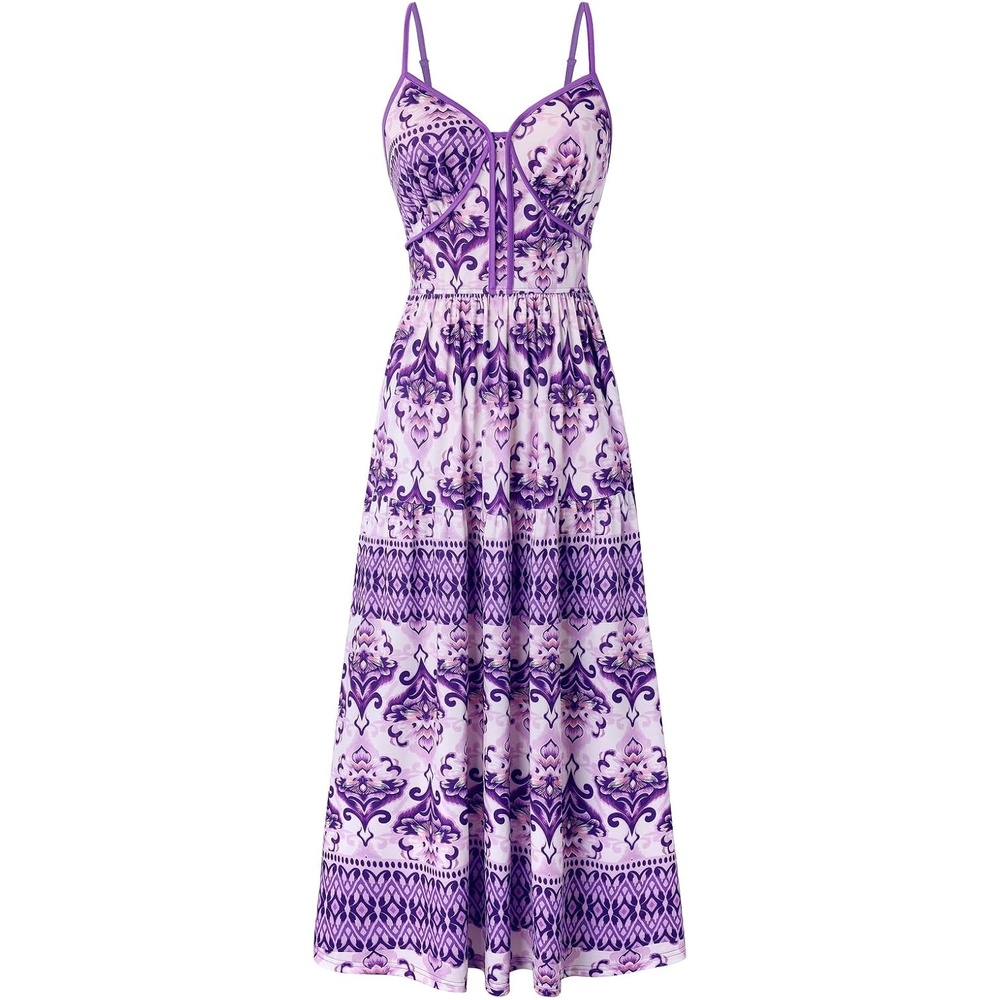 image:imageGRACE KARIN 2026 Womens Spaghetti Strap Resort Wear Summer Beach Maxi Sundress Floral Vacation Dresses with PocketsPurple Floral