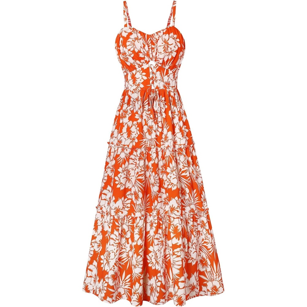 image:imageGRACE KARIN 2026 Womens Spaghetti Vacation Sundress Summer Beach Flowy Boho Floral Maxi Dresses with PocketsBig Orange White Floral
