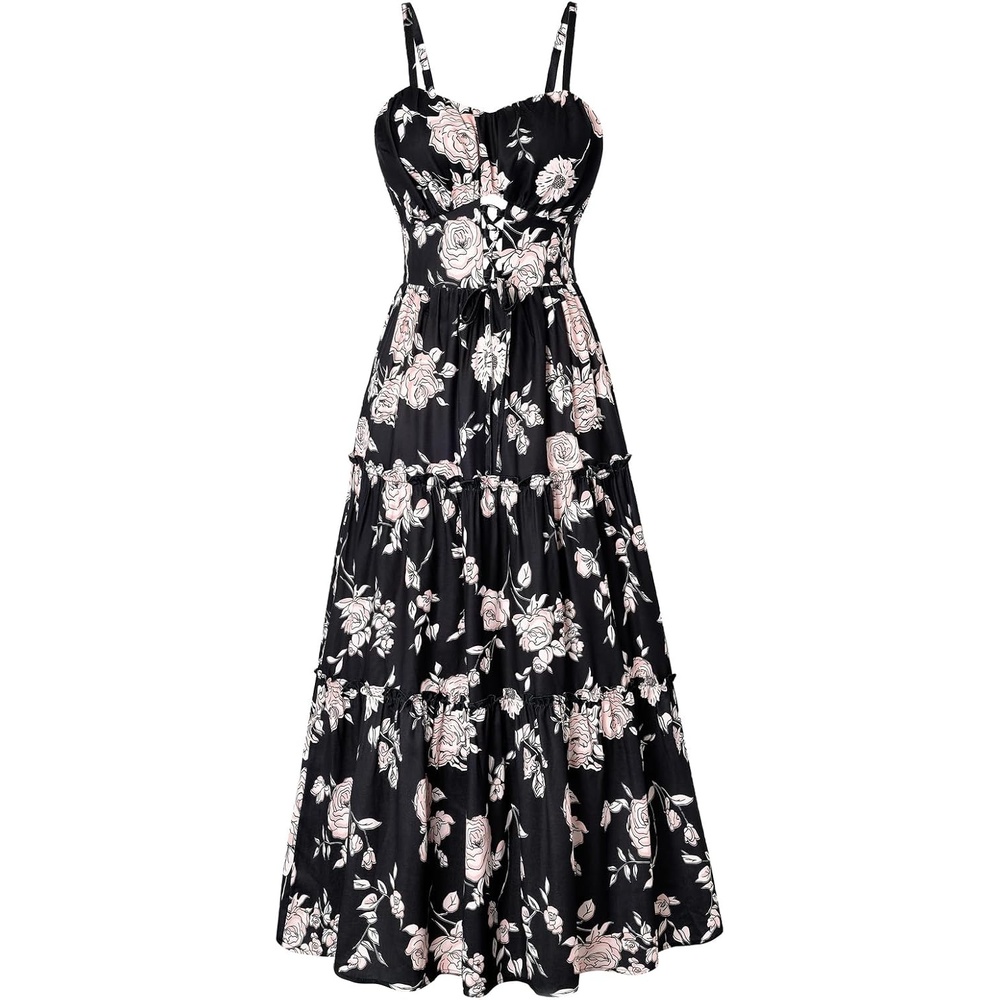 image:imageGRACE KARIN 2026 Womens Spaghetti Vacation Sundress Summer Beach Flowy Boho Floral Maxi Dresses with PocketsBlack Pink Floral