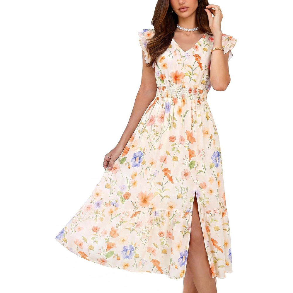 image:imageGRACE KARIN 2026 Womens Summer Dresses V Neck Ruffle Sleeve Floral Boho Beach Dress ALine Swing Midi Wedding Guest SundressBlue Orangefloral Print